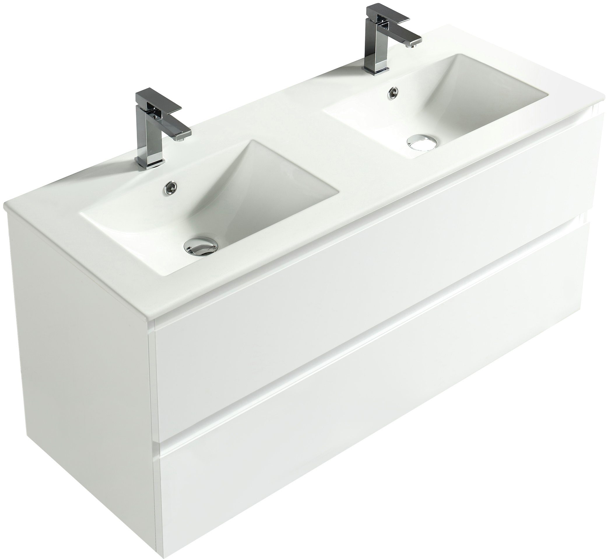 Alpenberger Waschtisch mit Unterschrank - Badmöbel Gäste WC Waschbecken mit Unterschrank (Farbe Weiß, Doppelwaschbecken mit Organizer), Vormontiertes Badmöbel-Set, Doppelwaschtisch 120 cm Breit