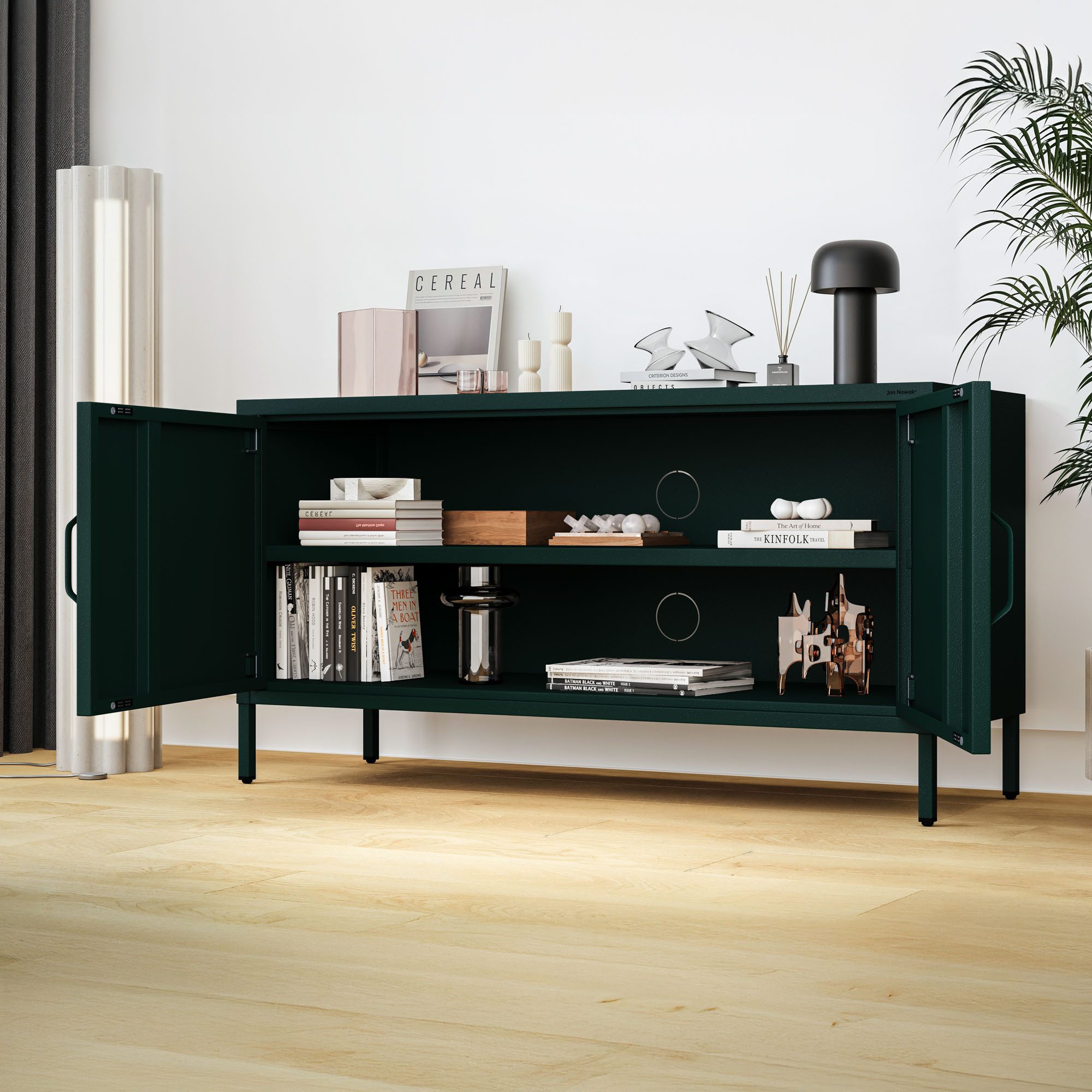Jan Nowak TV-Schrank ROSA TV-Schrank Metall Stahl 115x60x40cm Sparkling Brilliance (Stahl 0,6mm, 1 Regal 40kg, Kabelöffnungen, Magnete Silikonpads) Beine regulierbar Kabelöffnung Wohnzimmer Büro