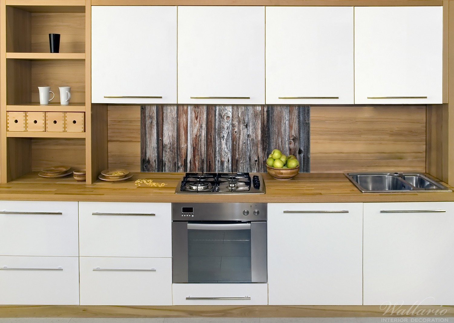 Wallario Küchenrückwand Alte Holzwand - grau (1-tlg) braun, in und Holzplanken
