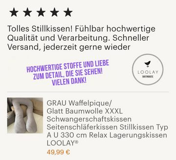 Loolay Stillkissen Schwangerschaftskissen Seitenschläferkissen Stillkissen TYP A 330cm, Attmungsaktive WAFFELPIQUE + GLATT Baumwolle XXXL Lagerungkissen; MUSTER: Waffel DUNKELBLAU/ Blau-Weiß Streifen, LOOLAY® Stillkissen + Bezug, 100% Europäische Stoffe unf Kleinserien-Nähen