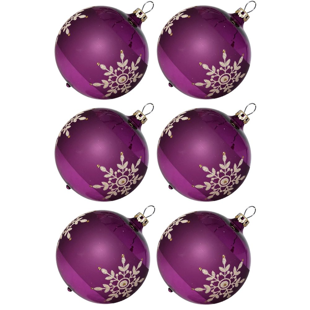 Thüringer Glasdesign Weihnachtsbaumkugel Weihnachtskugel-Set Kristallblüten heide (6 St), mundgeblasen, handdekoriert