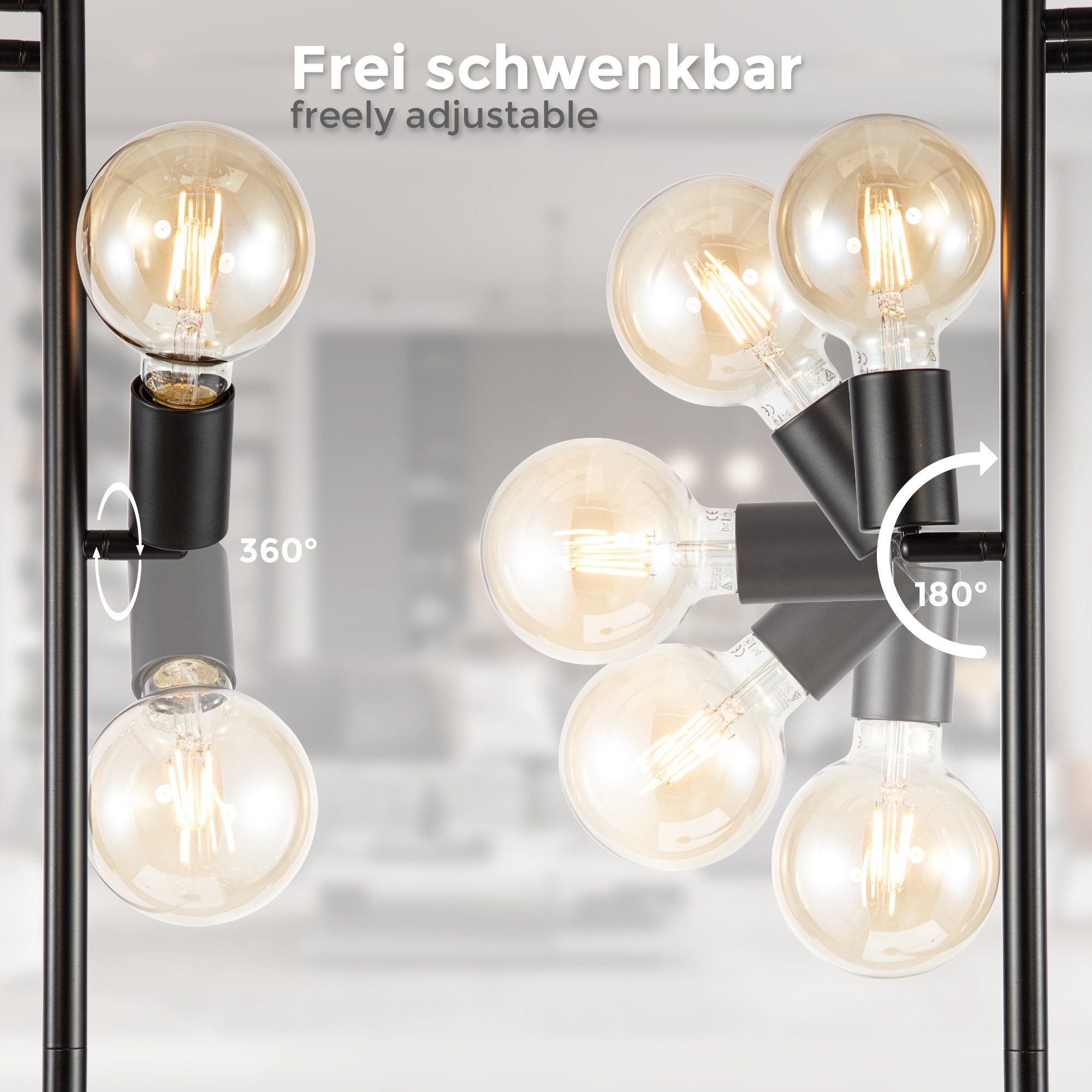 B.K.Licht Stehleuchte, schwenkbar, Vintag Wohnzimmerlampe, E27, BK_ST1388 Schwarz, mit Leuchtmittel, ohne Leuchtmittel ohne Stehlampe Fußschalter, Metall,