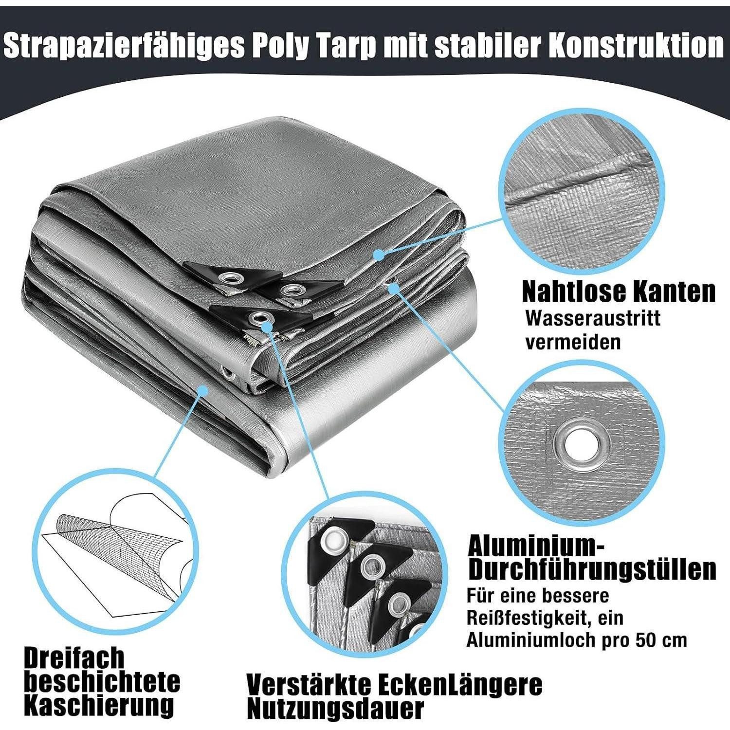 LuxusKollektion Schutzplane Abdeckplane wasserdicht 260g m2 Ösen reißfest 4m X 7m Silber-schwarz