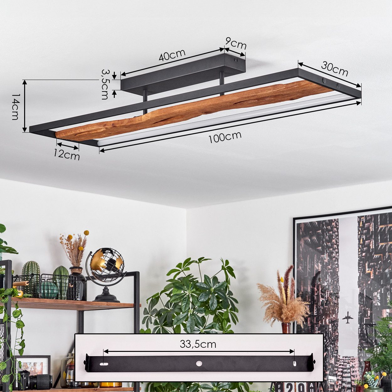 hofstein Deckenleuchte dimmbare Deckenlampe aus Metall/Holz/Kunststoff in Schwarz/Natur/Weiß, 3000 Kelvin, 6600 Lumen, LED 48 Watt, dimmbar über Lichtschalter – Bild 4 von 5