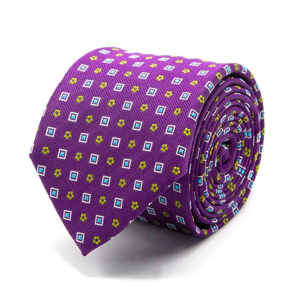 BGENTS Krawatte Seiden-Jacquard Krawatte mit Quadraten und Blüten aus Italien Breit (8cm) Ultra Violet
