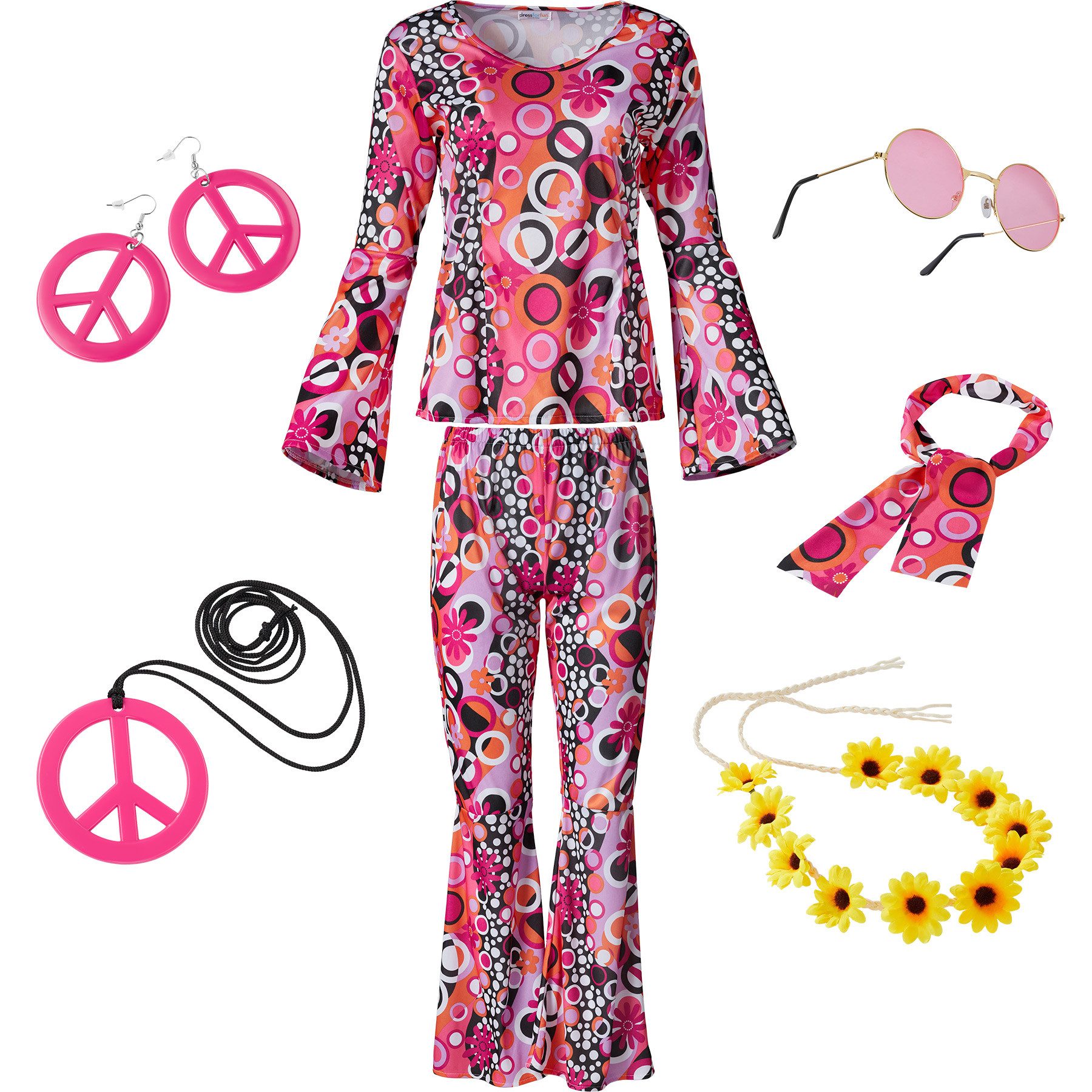 dressforfun Hippie-Kostüm Damenkostüm, Pinkes Oberteil und Hose im Flower-D günstig online kaufen