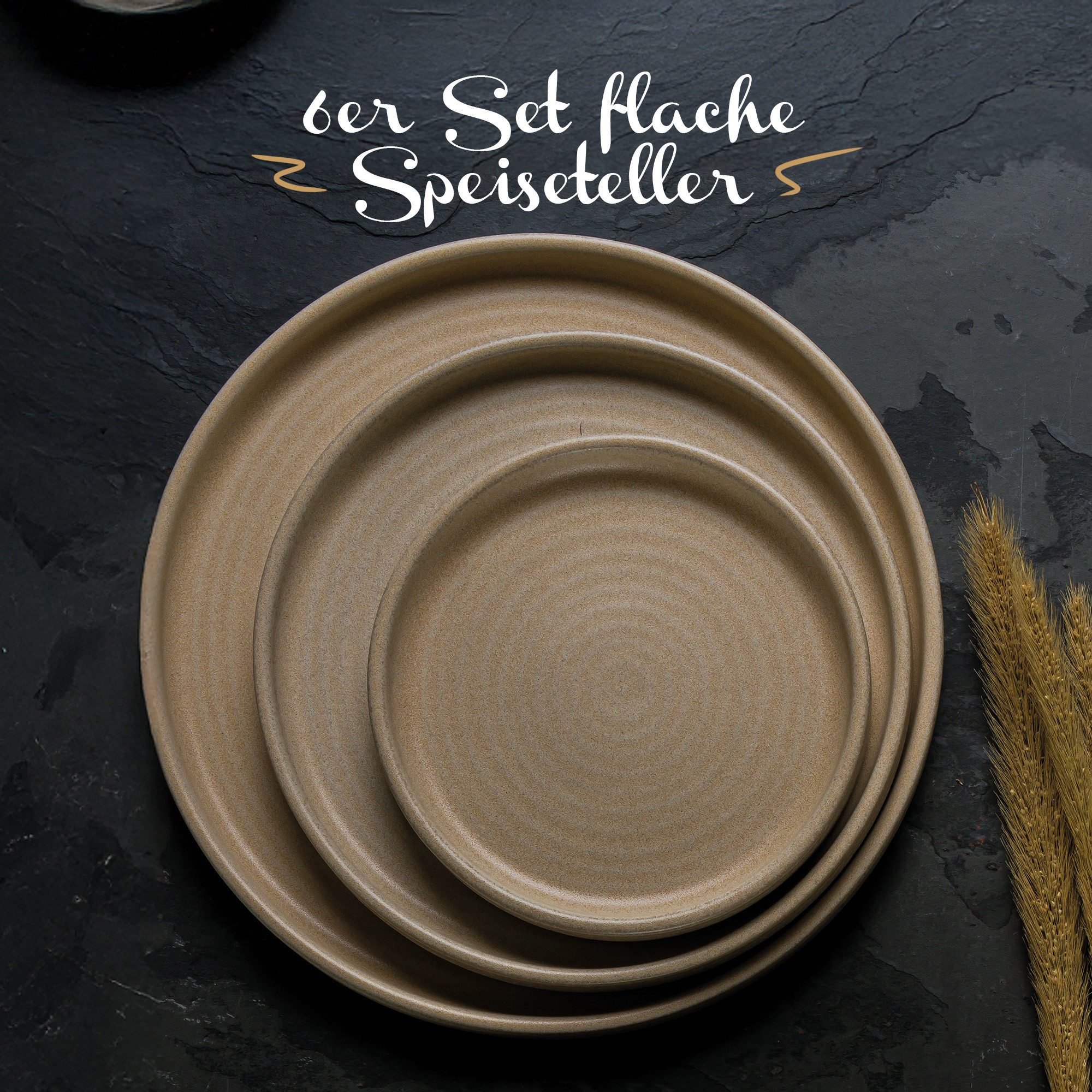 Bonna Teller-Set 6x Mirage Ripple flach Ø 28 cm, Robustes Porzellan, Beige (6-tlg), Porzellan, Robuste Horeca-Qualität