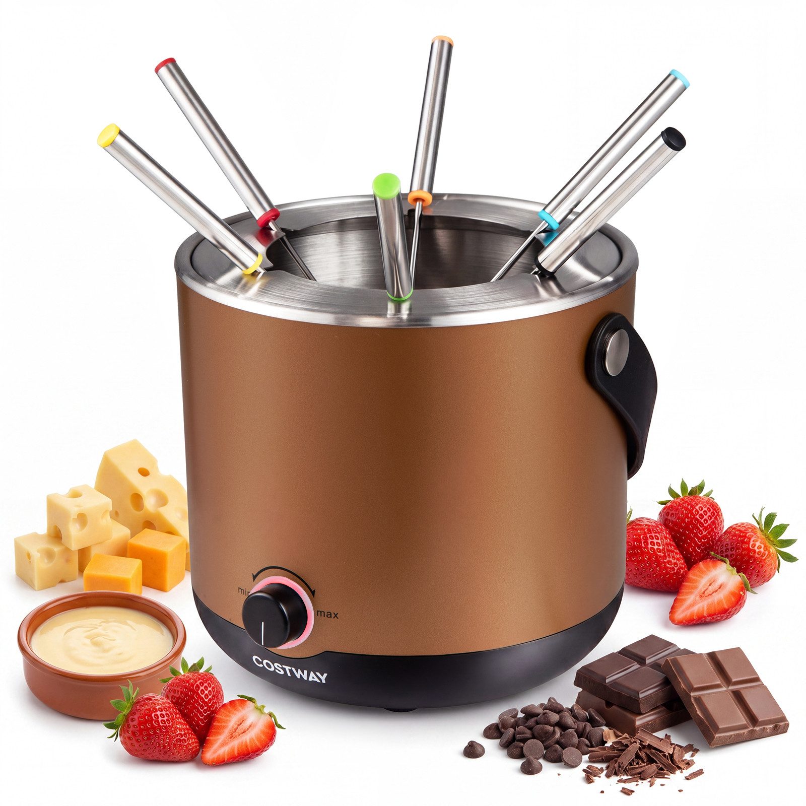 COSTWAY Elektro-Fondue, 2L Fondueset 800W aus Edelstahl, mit 6 Fonduegabeln
