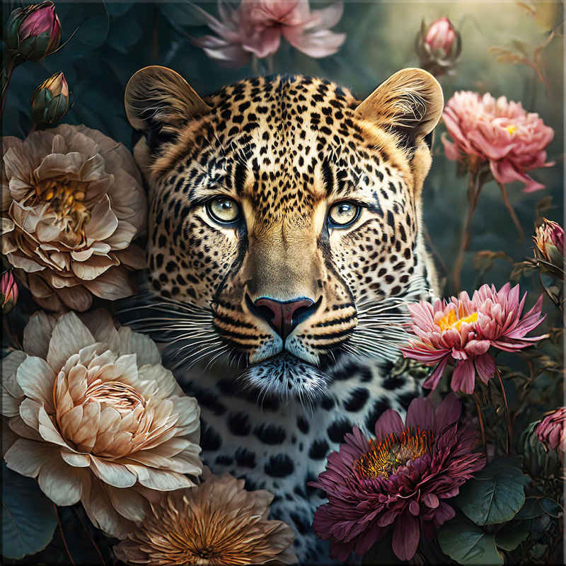 artissimo Glasbild Glasbild 30x30cm Bild aus Glas Boho-Style Blumen Blüten rosa grün, Tiere: Vintage Leopard