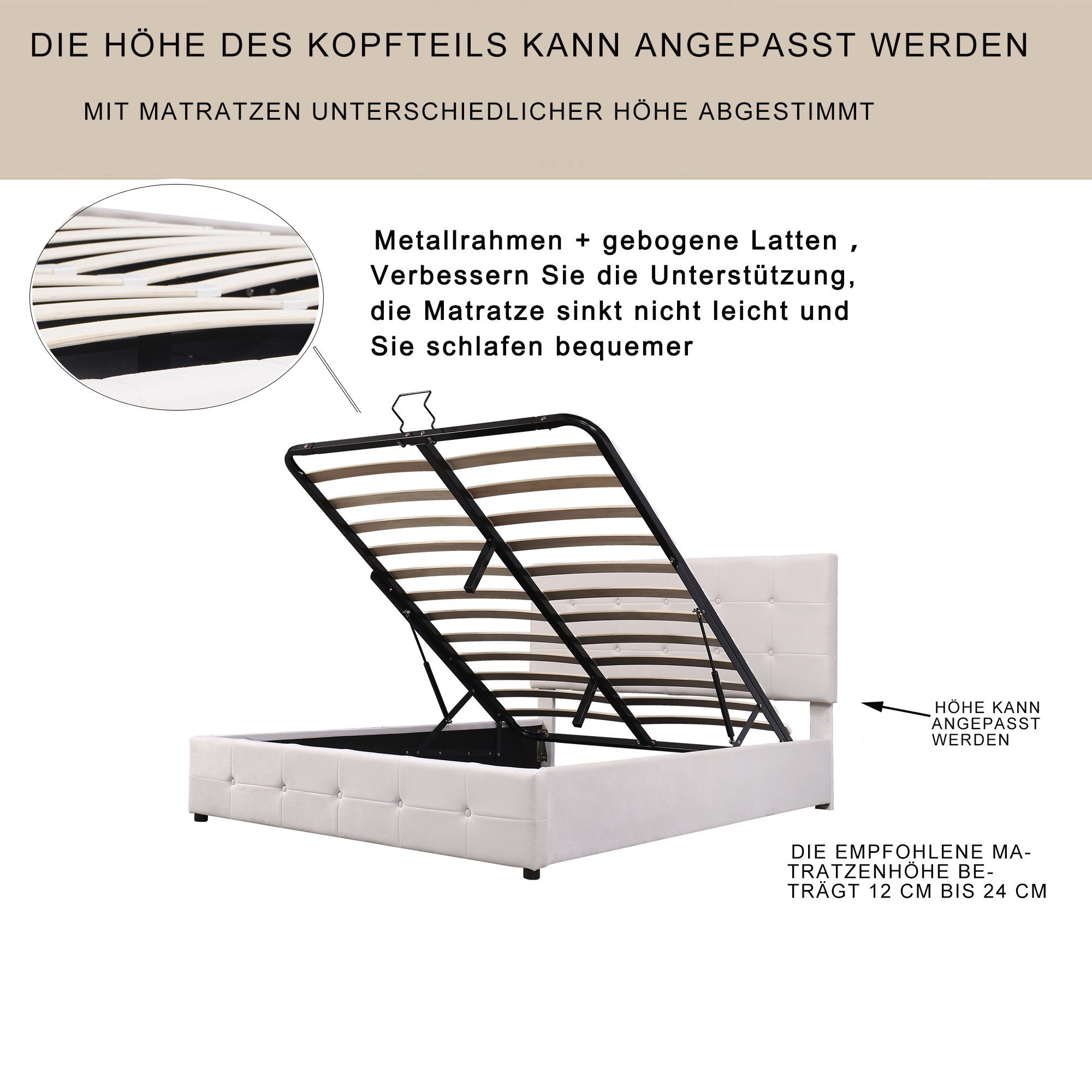 OKWISH Bett Polsterbett, Doppelbett 140*200 (Metalllattenrost, weiß Ohne Polsterkopfteil), höhenverstellbares Matratze
