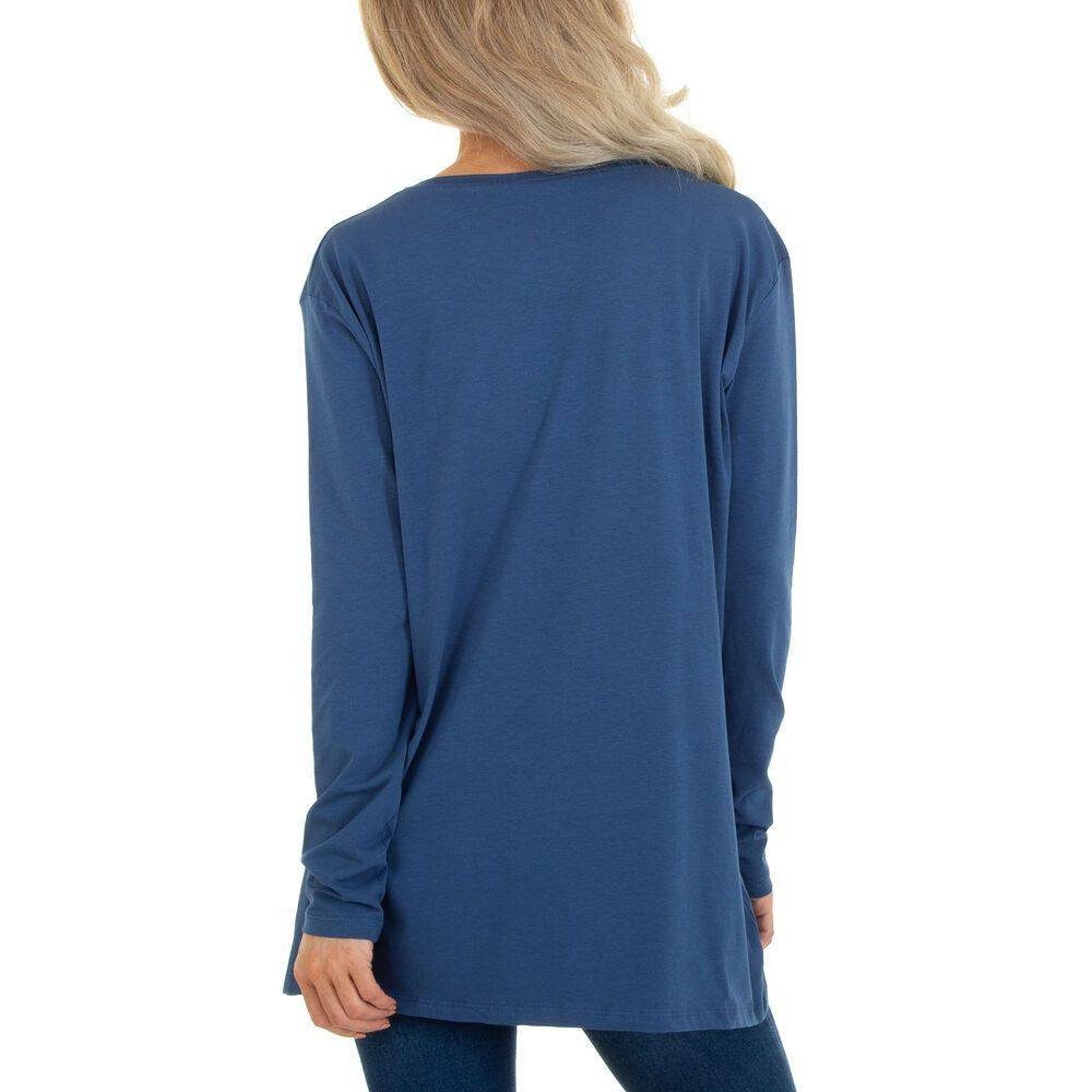 Damen Shirts Ital-Design Langarmshirt Damen Freizeit Strass Print Stretch Langarmshirt in Blau