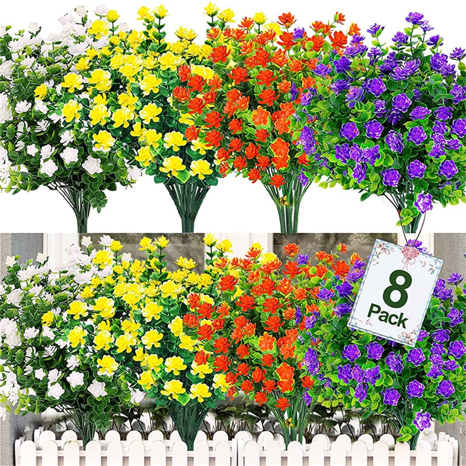 Kunstblume 8 Bündel künstliche Blumen für den Außenbereich, 4 Farben, Höhe 30 cm, autolock