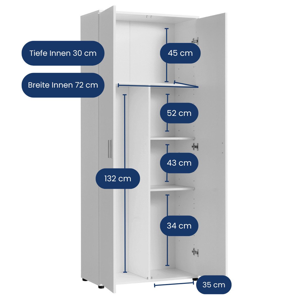 Home Collective Mehrzweckschrank 75 cm breit mit Einlegeböden 75x35x184 cm (BxTxH) Weiß mit 2 Einlegeböden und Fach für Staubsauger – Bild 3 von 5