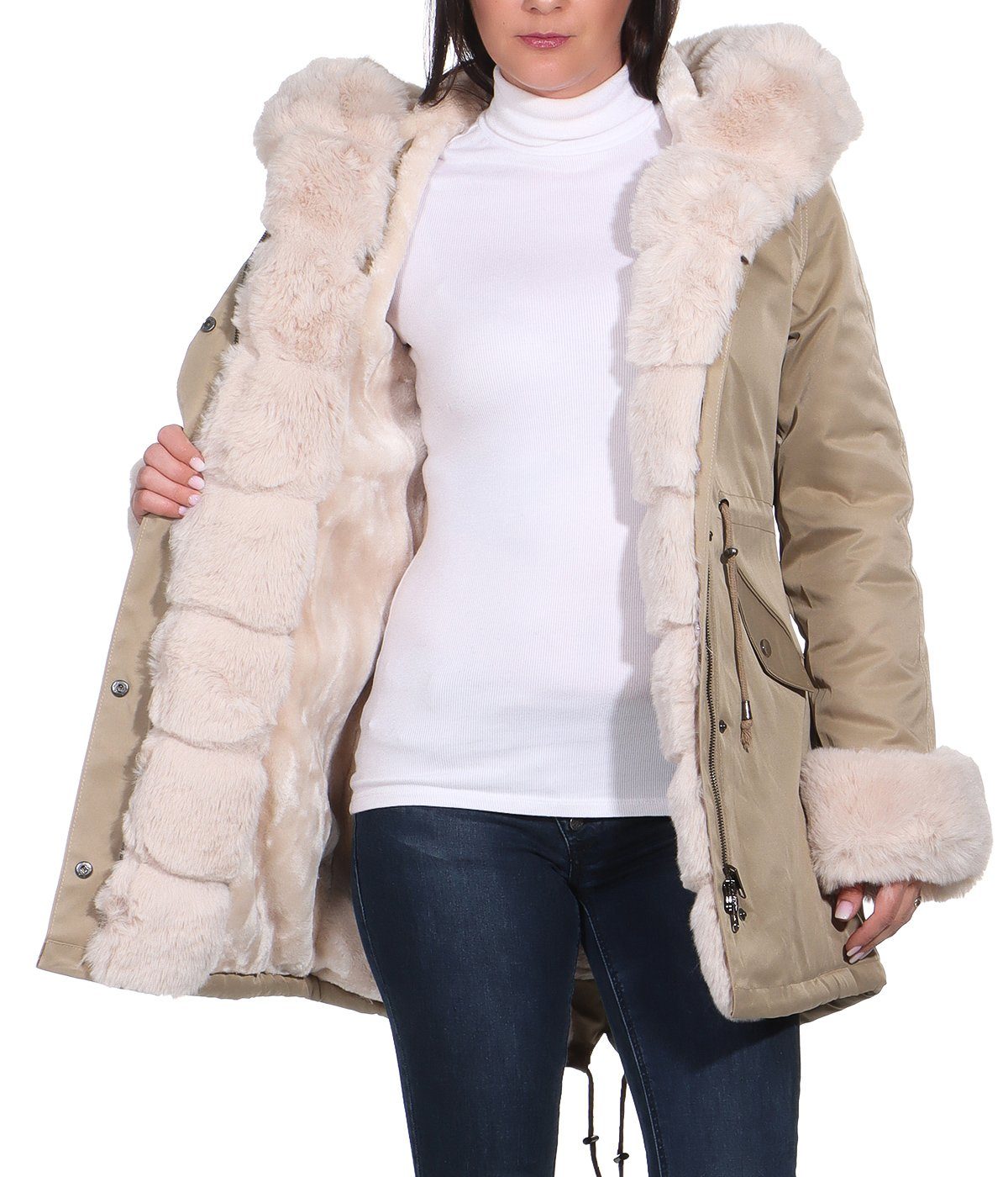 Aurela Damenmode Winterjacke Warmer Kurzmantel gefütterter Parka für Damen  (1-St) mit Kapuze, mit kuscheligem Innenfell, Kunstfell komplett abnehmbar