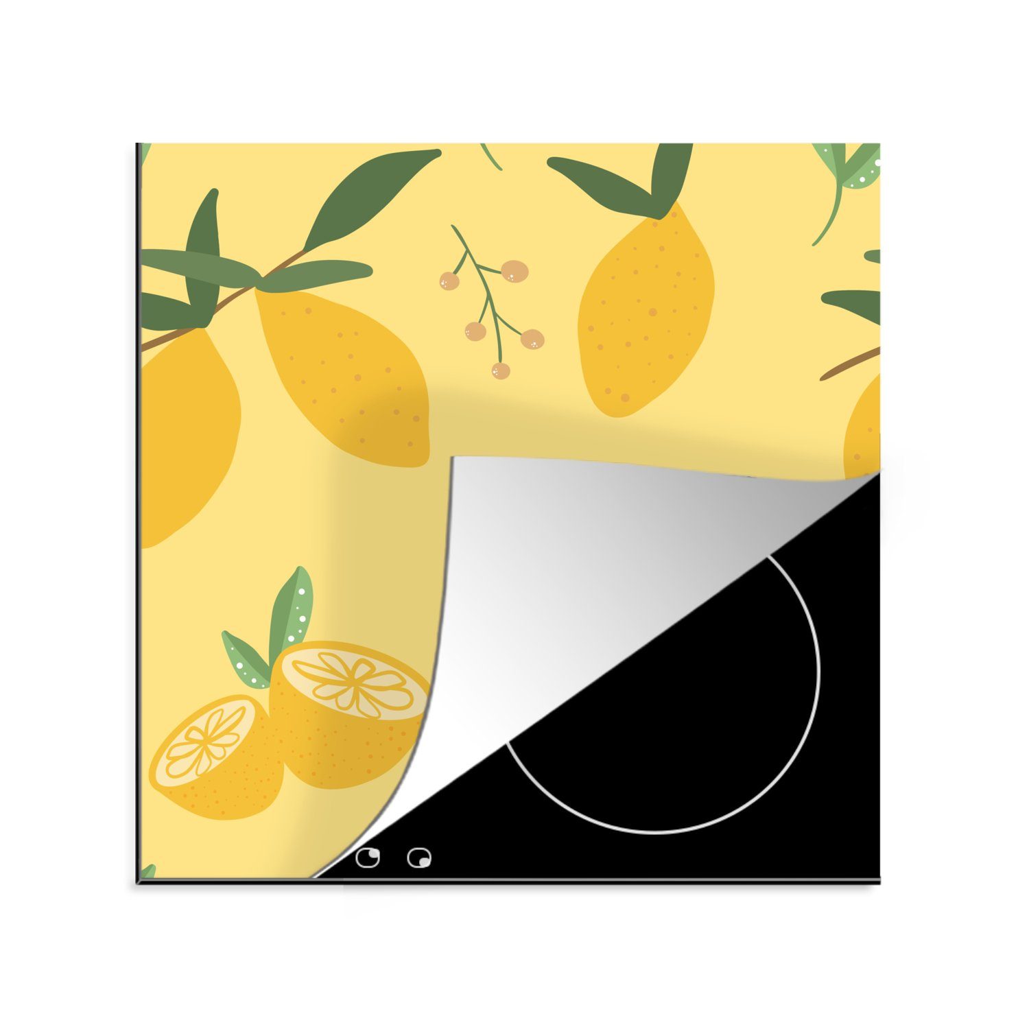 MuchoWow Herdblende-/Abdeckplatte Zitrone - Pflanzen - Muster, Vinyl, (1 tlg), 78x78 cm, Ceranfeldabdeckung, Arbeitsplatte für küche