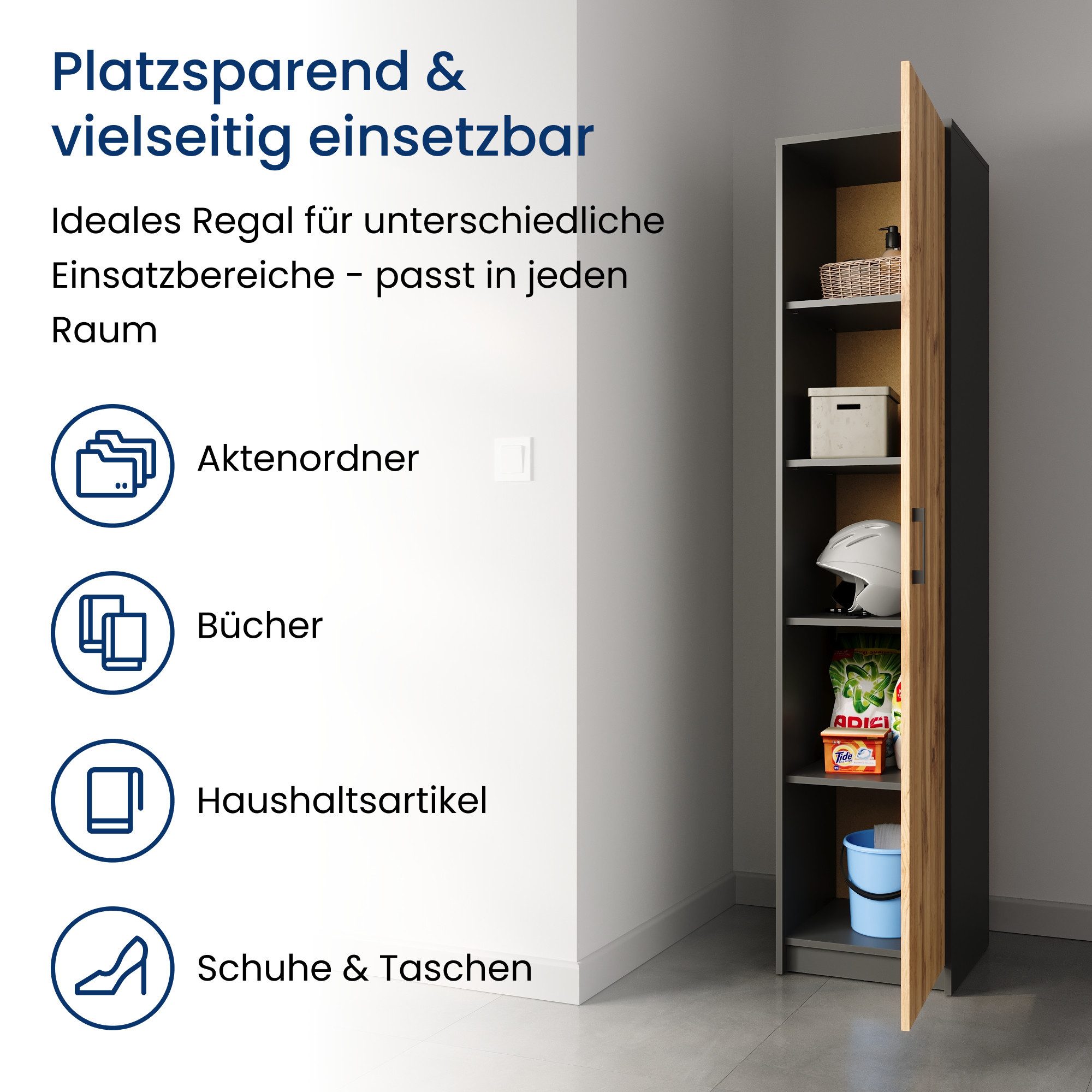 Home Collective Regal mit 5 Ebenen Aktenschrank mit 4 Einlegeböden und 1 Tür, in mattem Finish Standregal 39 cm breit graphit Eiche – Bild 3 von 5