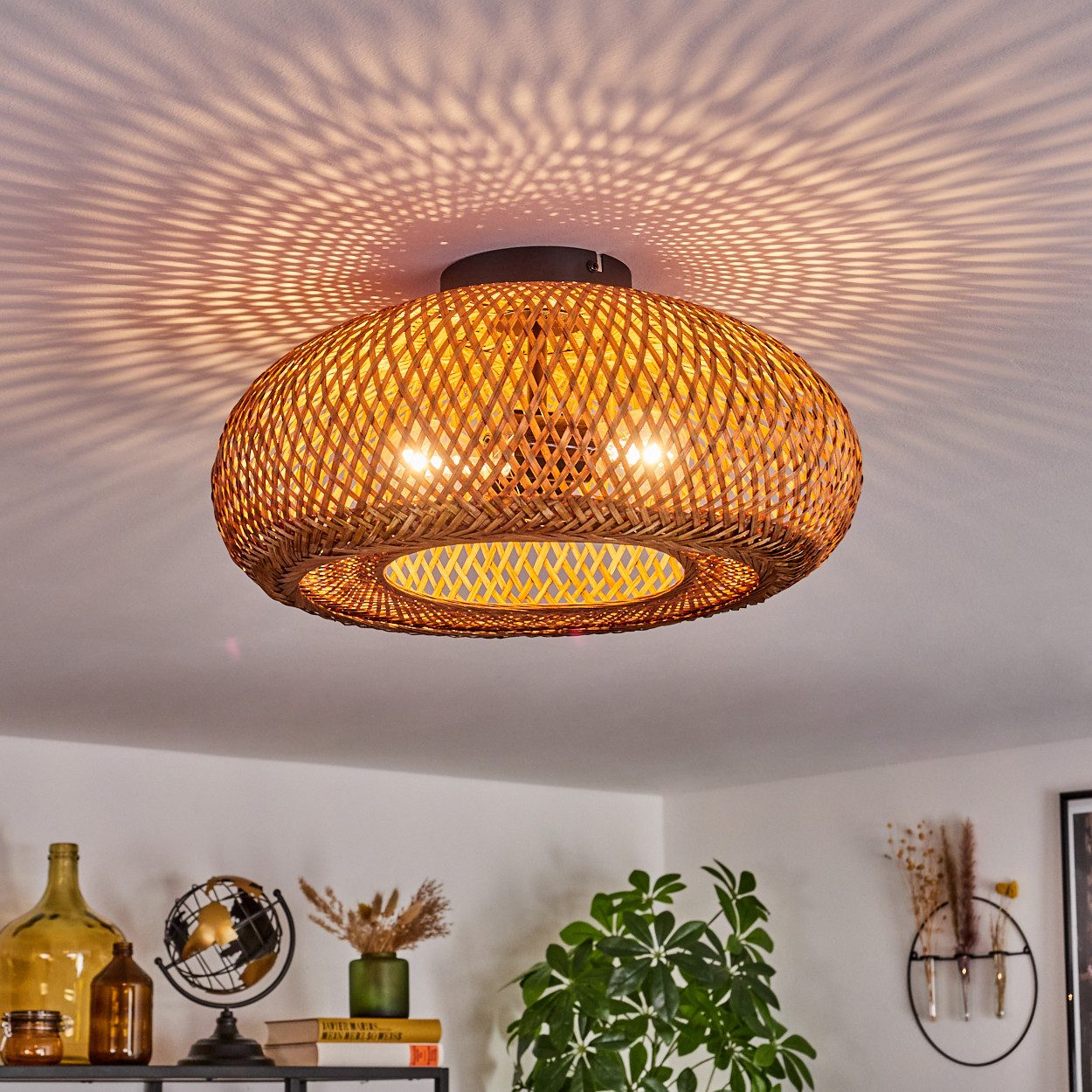 hofstein Deckenleuchte moderne Deckenlampe aus Metall/Bambus/Holz in Schwarz/Natur, ohne Leuchtmittel, Boho-Design Deckenleuchte,Lichteffekt, Ø40cm, 2xE27, ohne Leuchtmittel