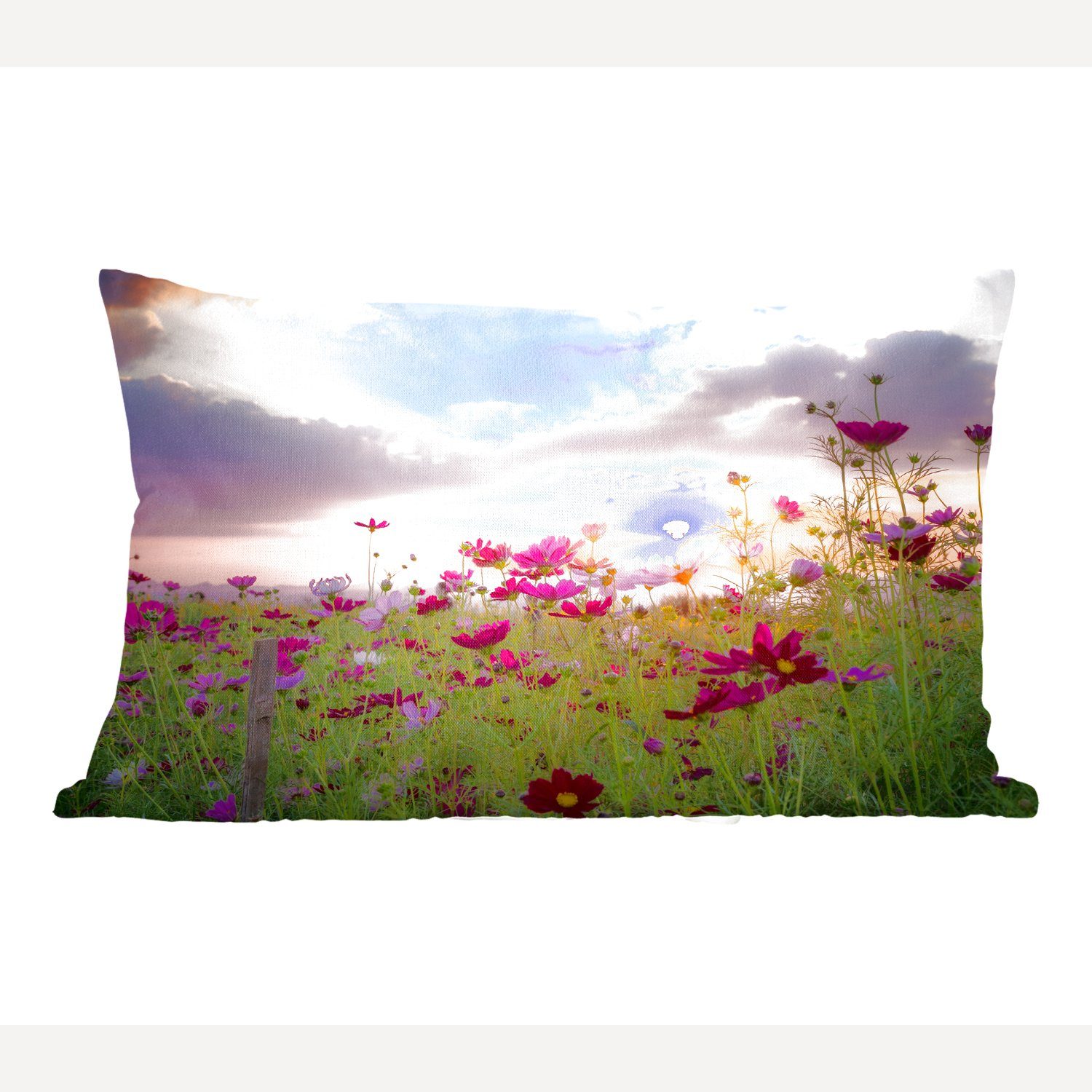 Füllung, - Sonnenuntergang - Blumen Rosa MuchoWow Schlafzimmer Natur Dekokissen - Wohzimmer - Dekokissen Zierkissen, Dekoration, mit - Horizont, Wiese