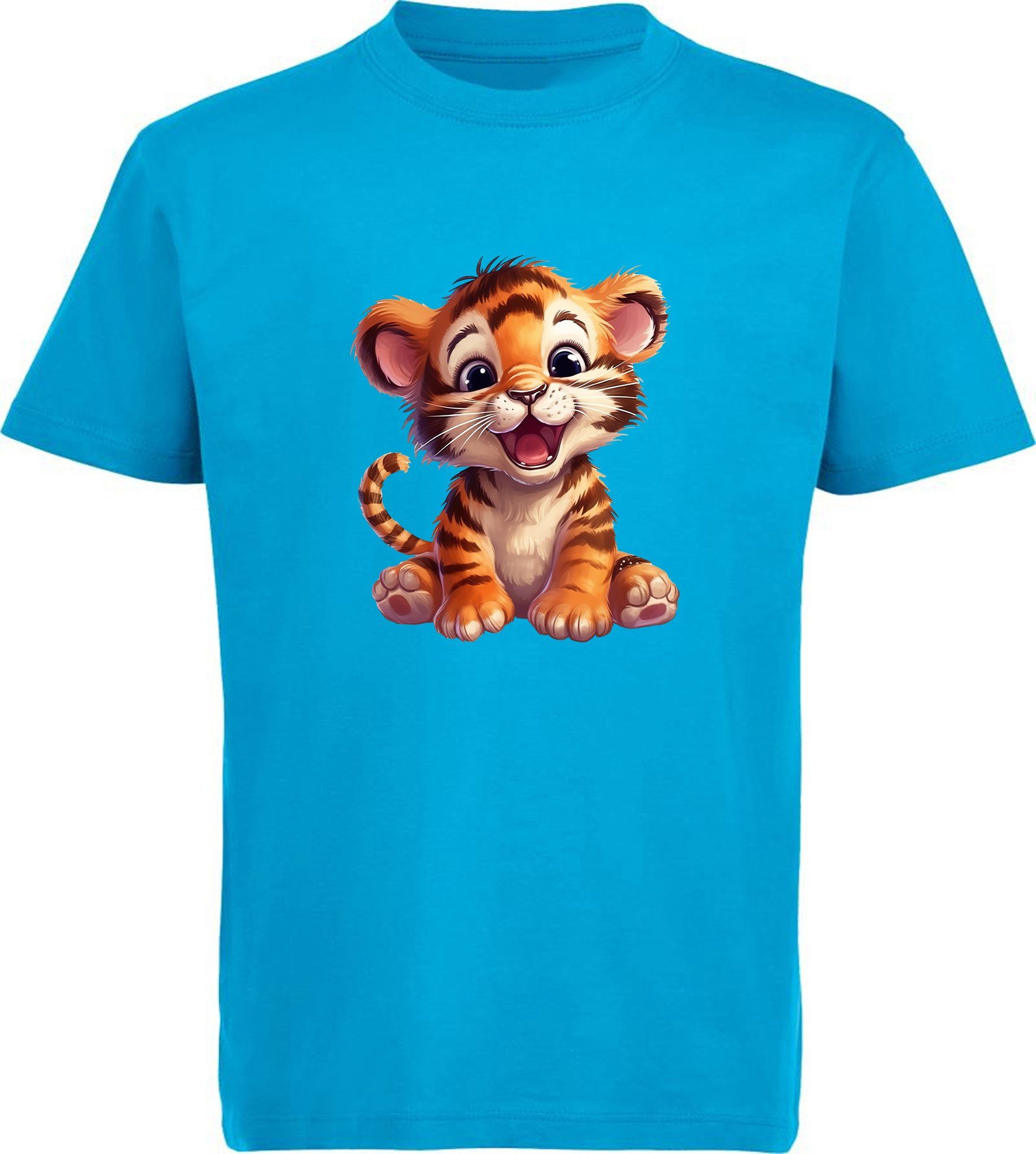 MyDesign24 T-Shirt Kinder Shirt Wildtier Baby i266 Tiger Print blau Baumwollshirt Aufdruck, - bedruckt mit aqua