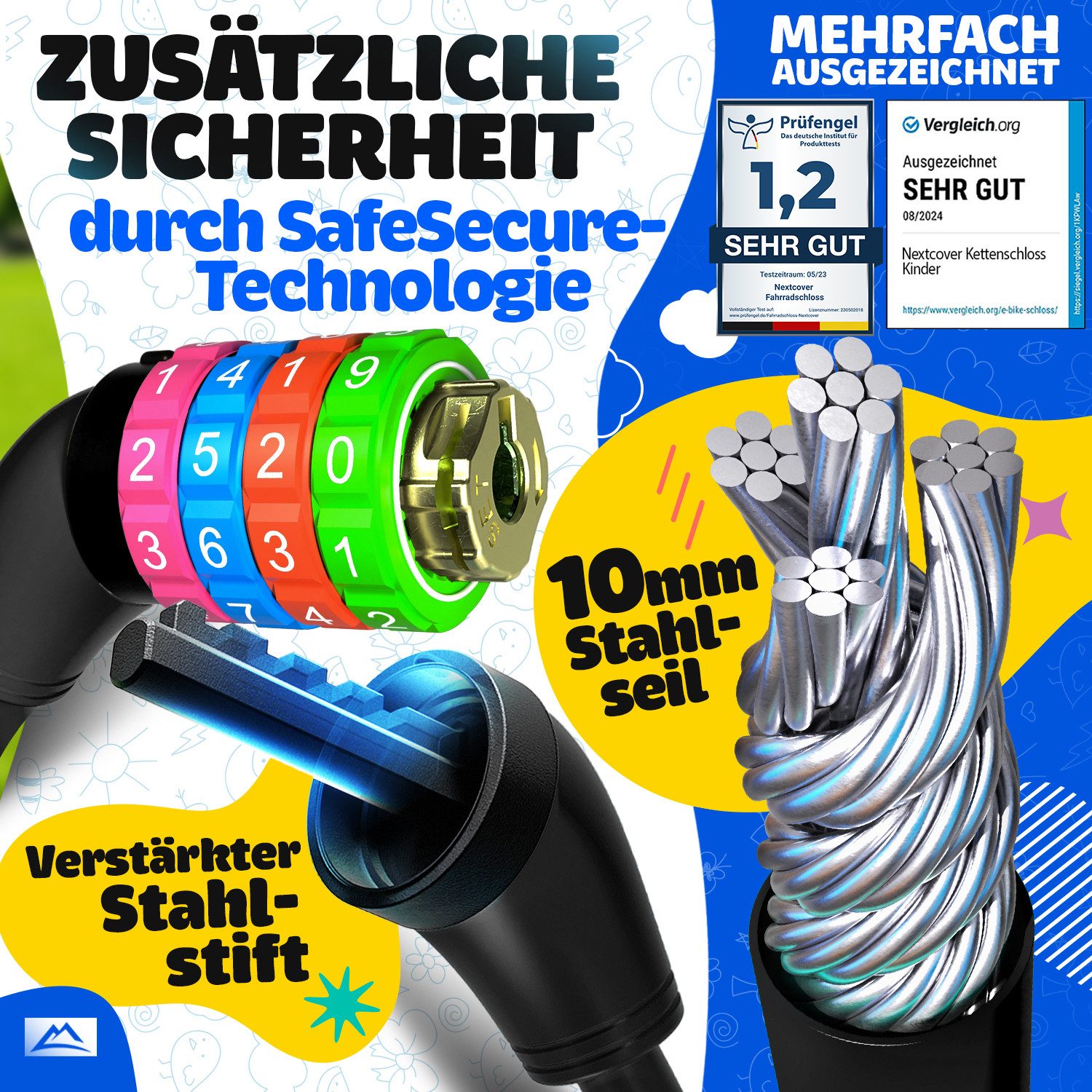 Nextcover Zahlenkabelschloss NEXTCOVER® Fahrradschloss Kinder mit 4-stelligem Zahlencode