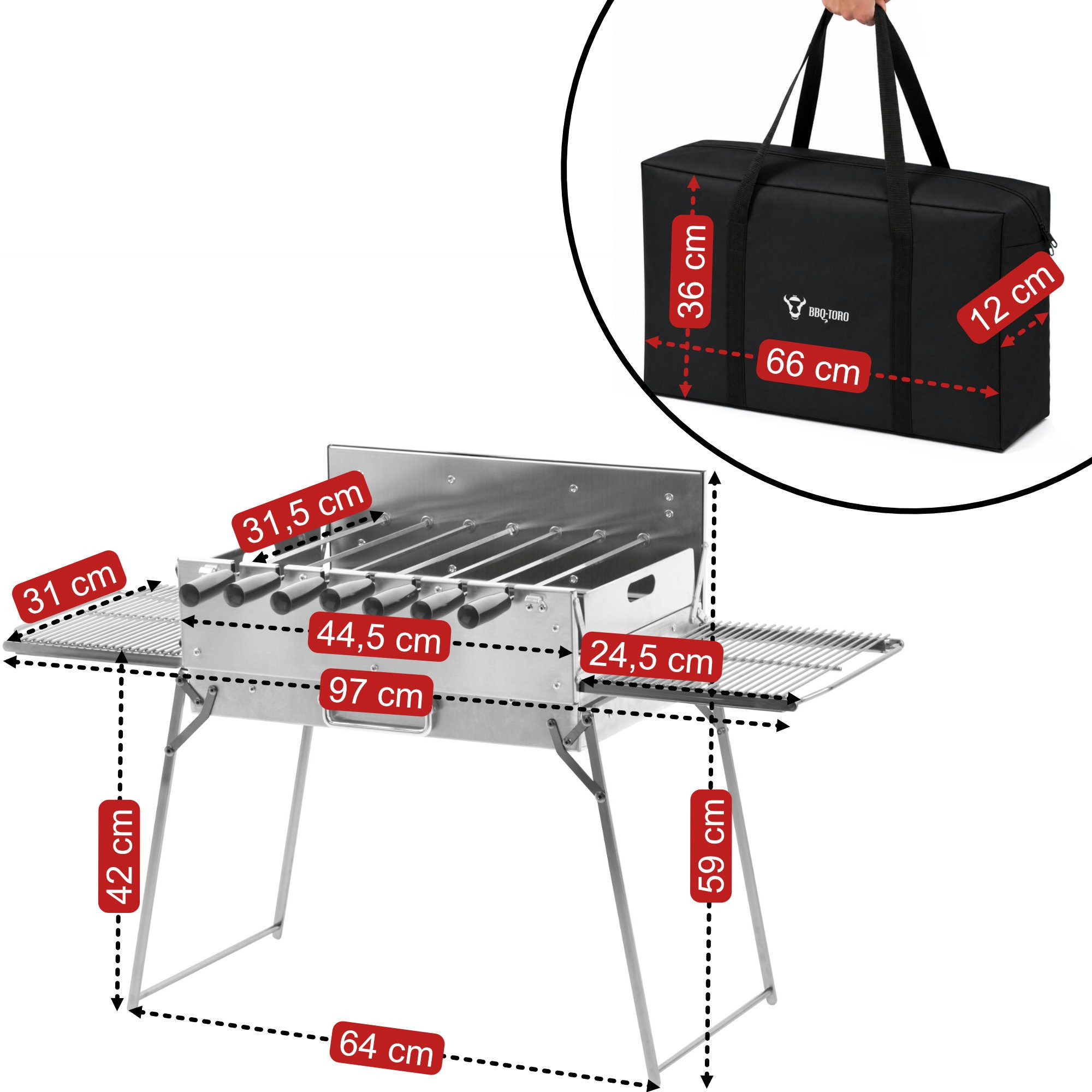 BBQ-Toro Drehspieß Holzkohlegrill mit elektrischem Spießdreher, Edelstahl, klappbar, Alle Zubehörteile im Grill verstaubar