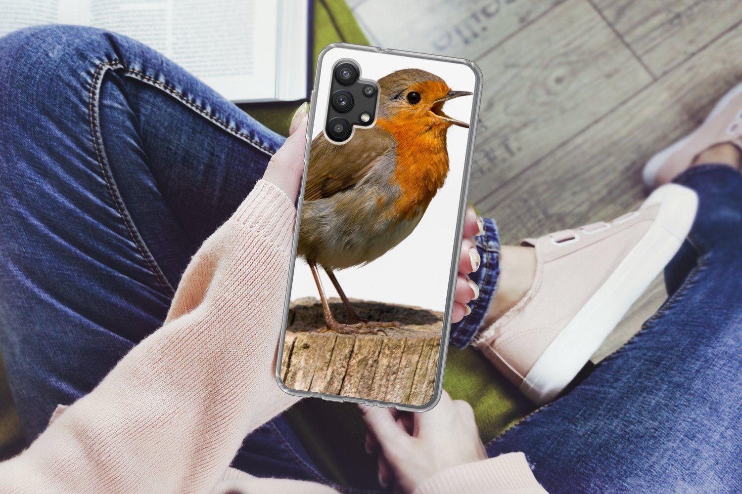 MuchoWow Handyhülle für Samsung Galaxy A32 5G Rotkehlchen - Vogel - Holz, Smartphone-Bumper, Print, Handy Schutzhülle Dünn