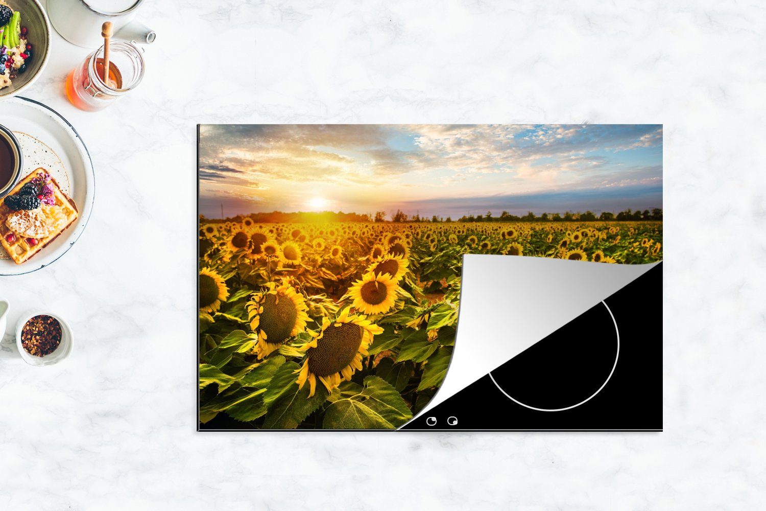 Herdblende-/Abdeckplatte küche, Sonnenblume cm, Vinyl, für MuchoWow Ceranfeldabdeckung Induktionskochfeld (1 Blumen - Himmel, die - tlg), 80x52 Schutz