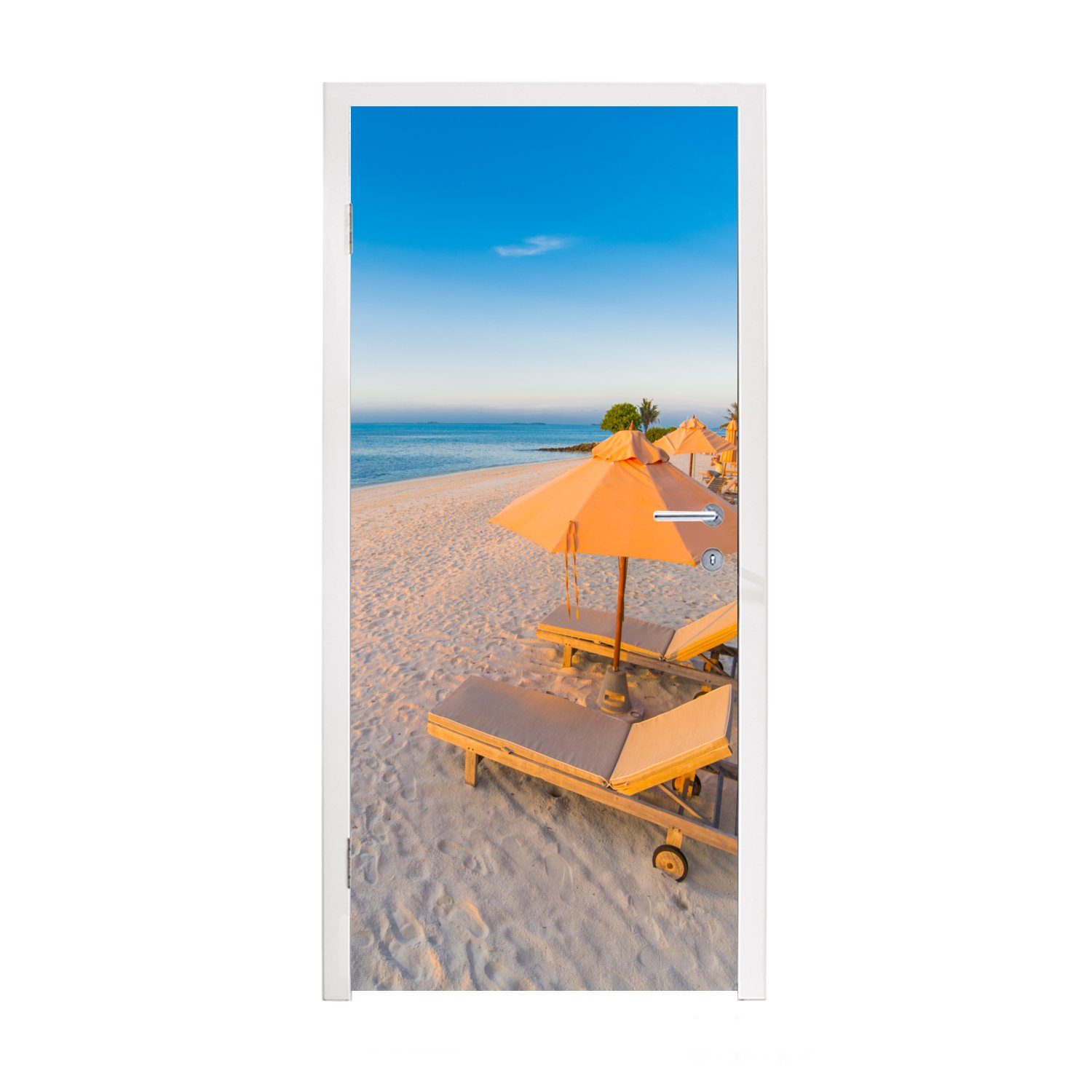 MuchoWow Türtapete Karibischer Strand mit Strandkorb, Matt, bedruckt, (1 St), Fototapete für Tür, Türaufkleber, 75x205 cm
