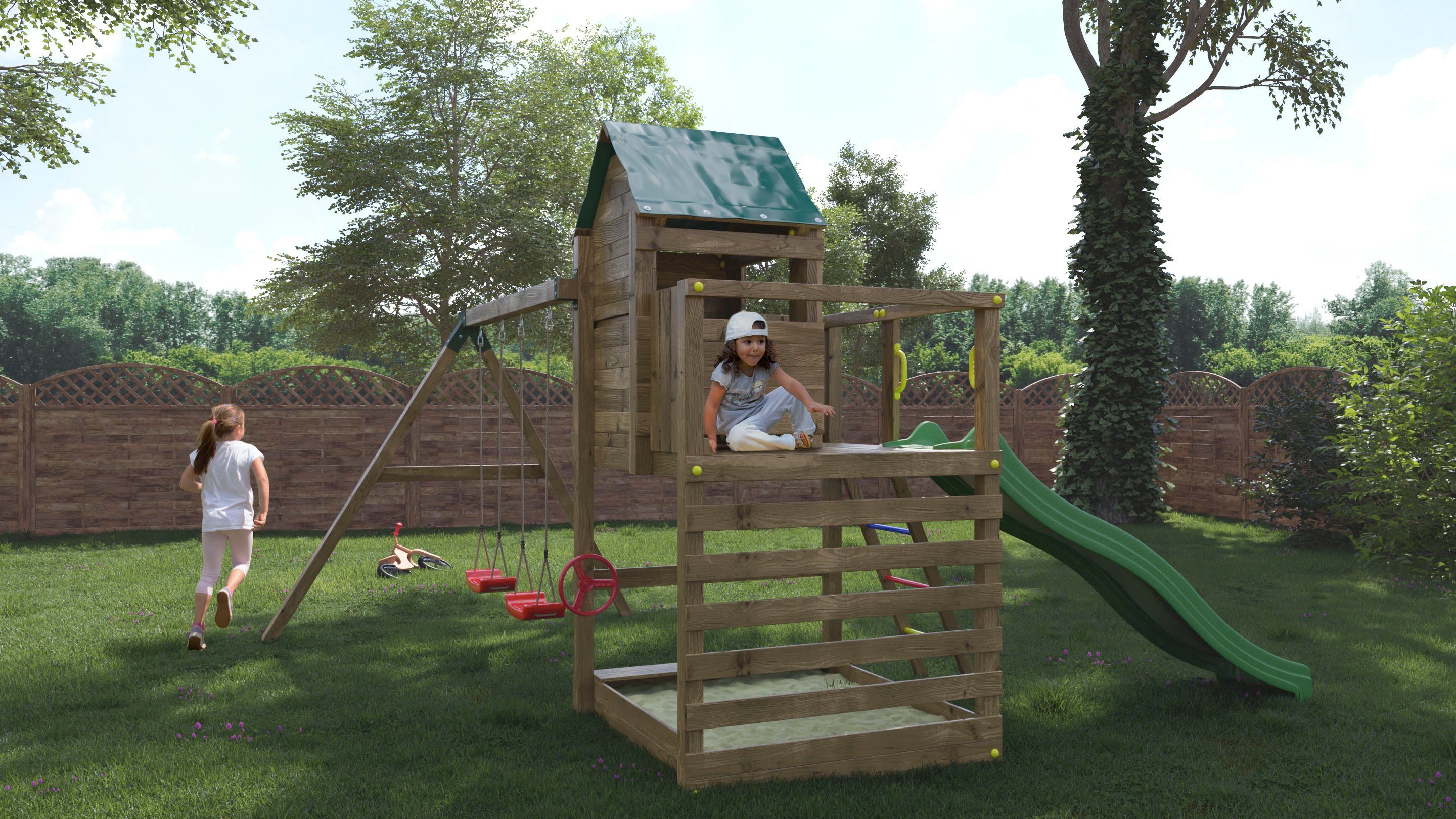 FUNGOO Spielturm Jarcas4, mit Schaukel & Rutsche, Kletterwand