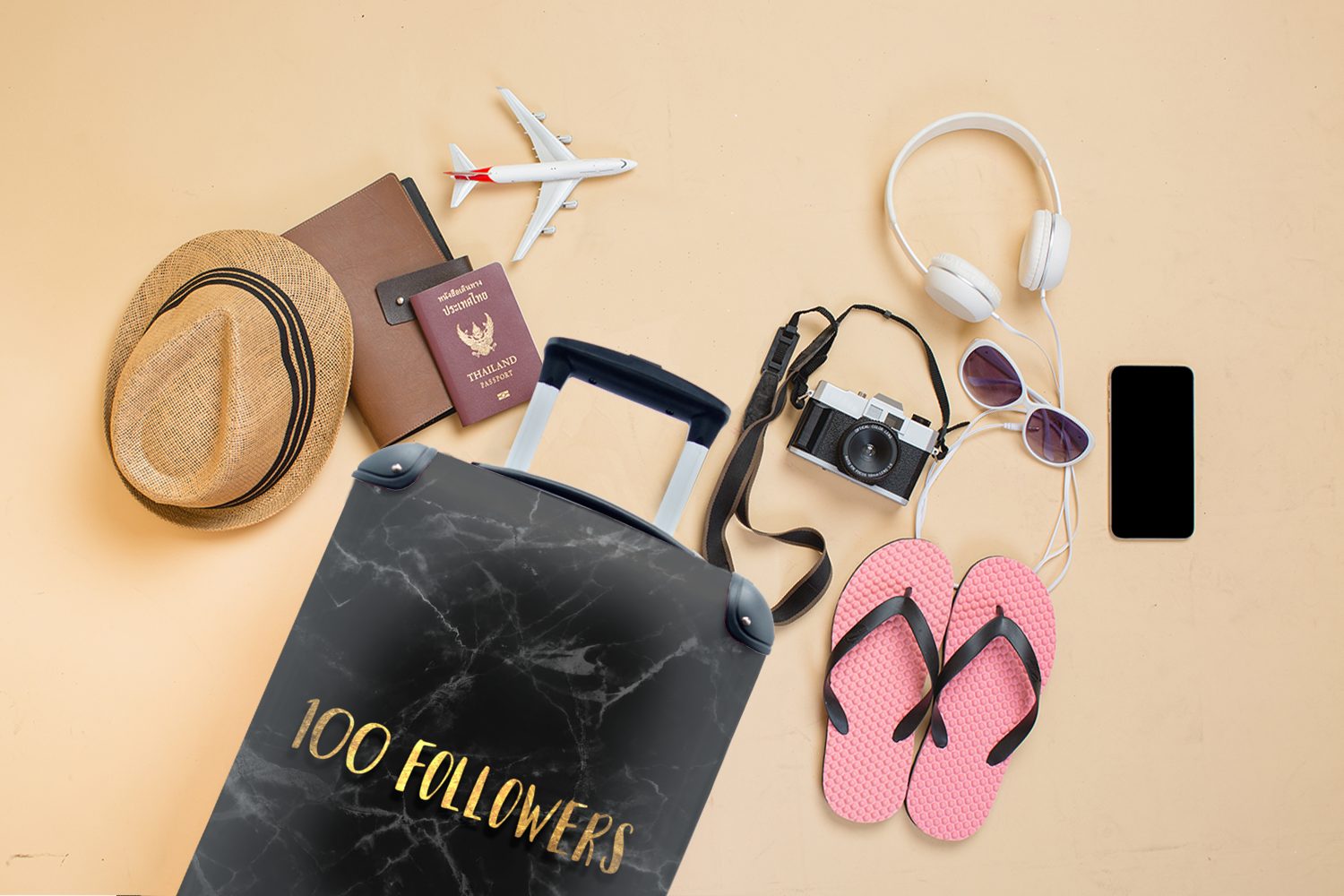 Handgepäck Reisekoffer Reisetasche Rollen, Ferien, 4 Instagram Soziale - Gold - MuchoWow Trolley, Medien - rollen, für Marmor, Handgepäckkoffer mit