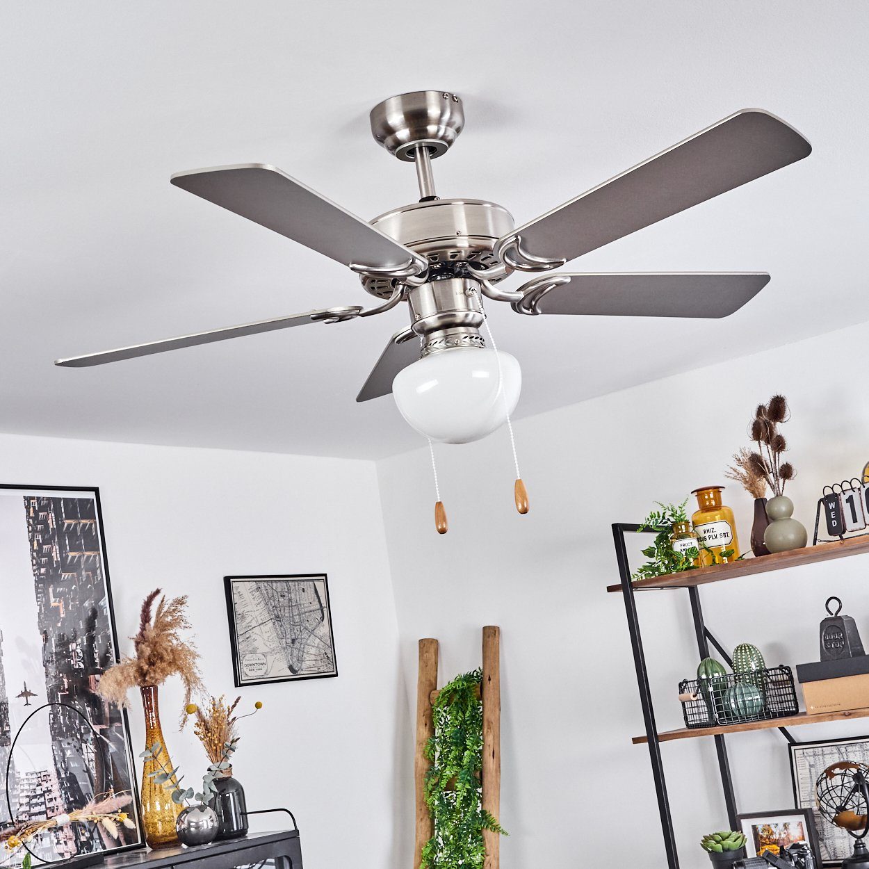 hofstein Tischturmventilator Deckenventilator aus Metall/MDF/Glas in Silber/Holzoptik/Braun/Weiß, 1xE27, mit Schnurschalter, wendbare Rotorblätter