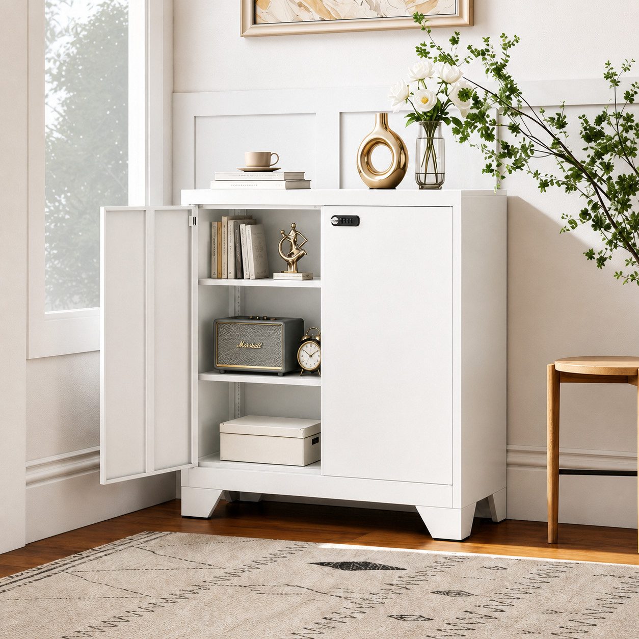 LHForgetech Mehrzweckschrank abschließbarer Metallschrank mit Kombinationsschloss, 90 x 80 x 40 cm (1-St) Kleiner Büro- und Werkzeugschrank mit 2 verstellbaren Regalen
