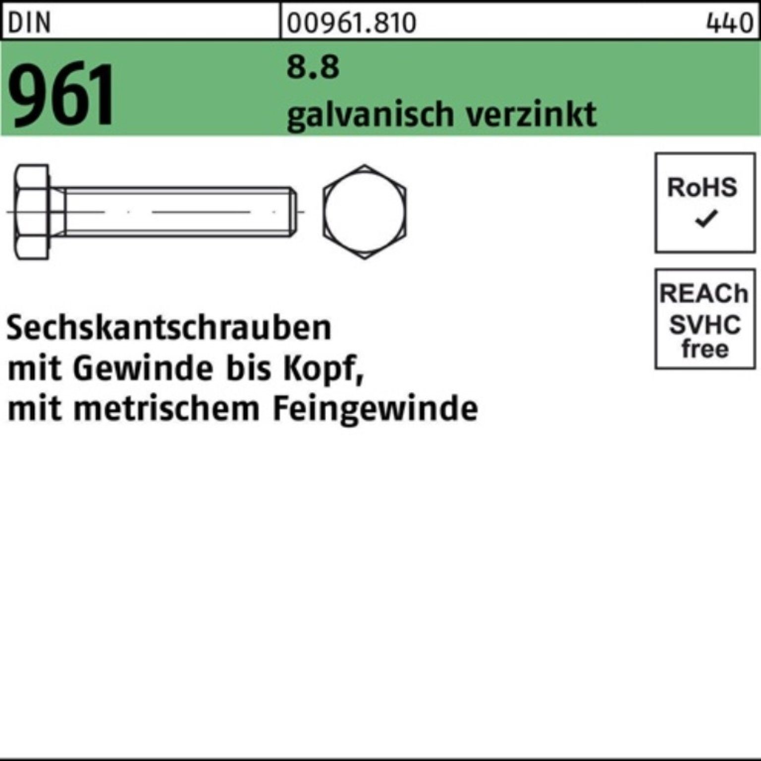 VG Pack 10 M10x1,25x 961 Sechskantschraube DIN Sechskantschraube 100er Reyher 8.8 galv.verz. 50
