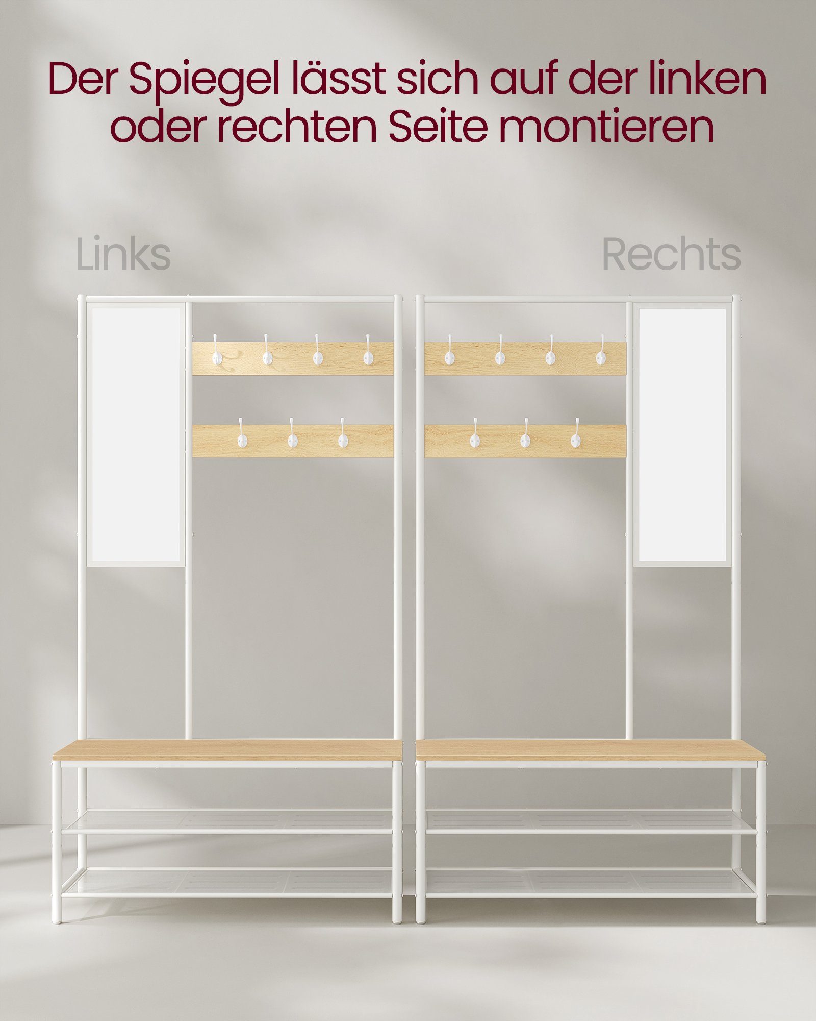 Haken, Spiegel, Garderobenständer 98 Eichenfarben-Weiß 7 x mit VASAGLE x cm Garderobe, 180 35