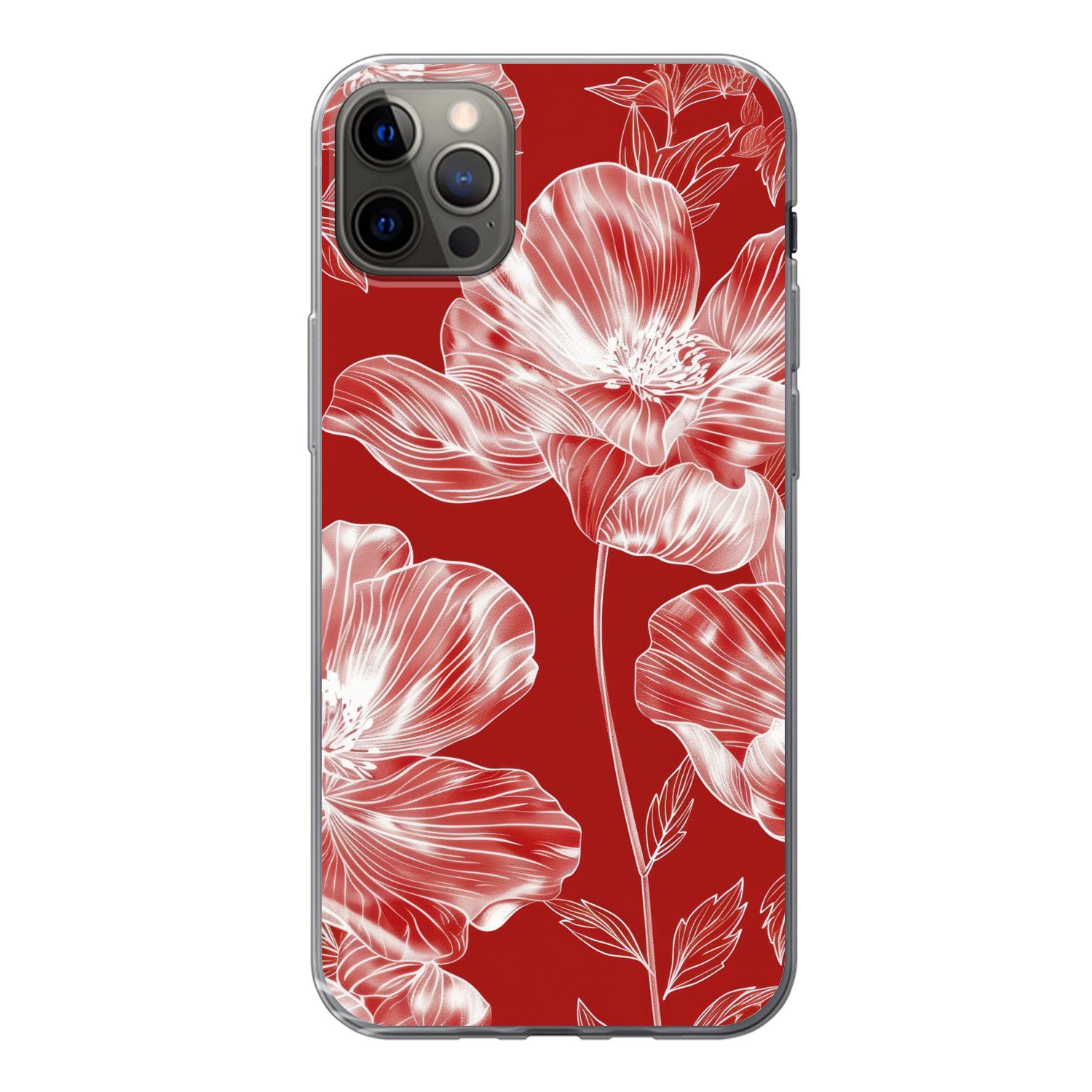 MuchoWow Handyhülle für Apple iPhone 12 Pro Max Blumen - Muster - Rot - Weiß, Smartphone-Bumper, Print, Handy Schutzhülle Dünn