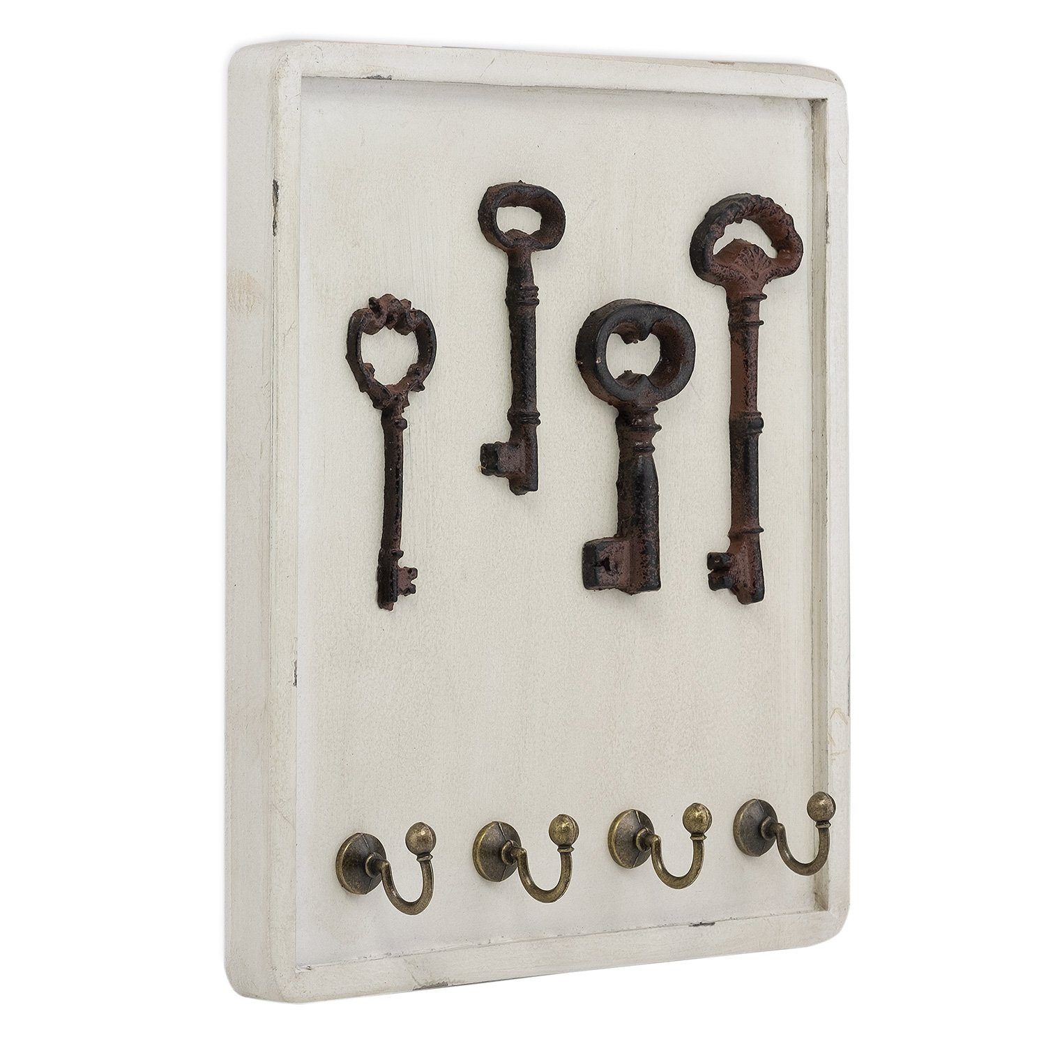 Moritz Schlüsselbrett 22x25cm Antike Schlüssel 4 Haken weiß,  Schlüsselkasten Vintage Schlüsselbox Schlüsselleiste Schlüsselhaken