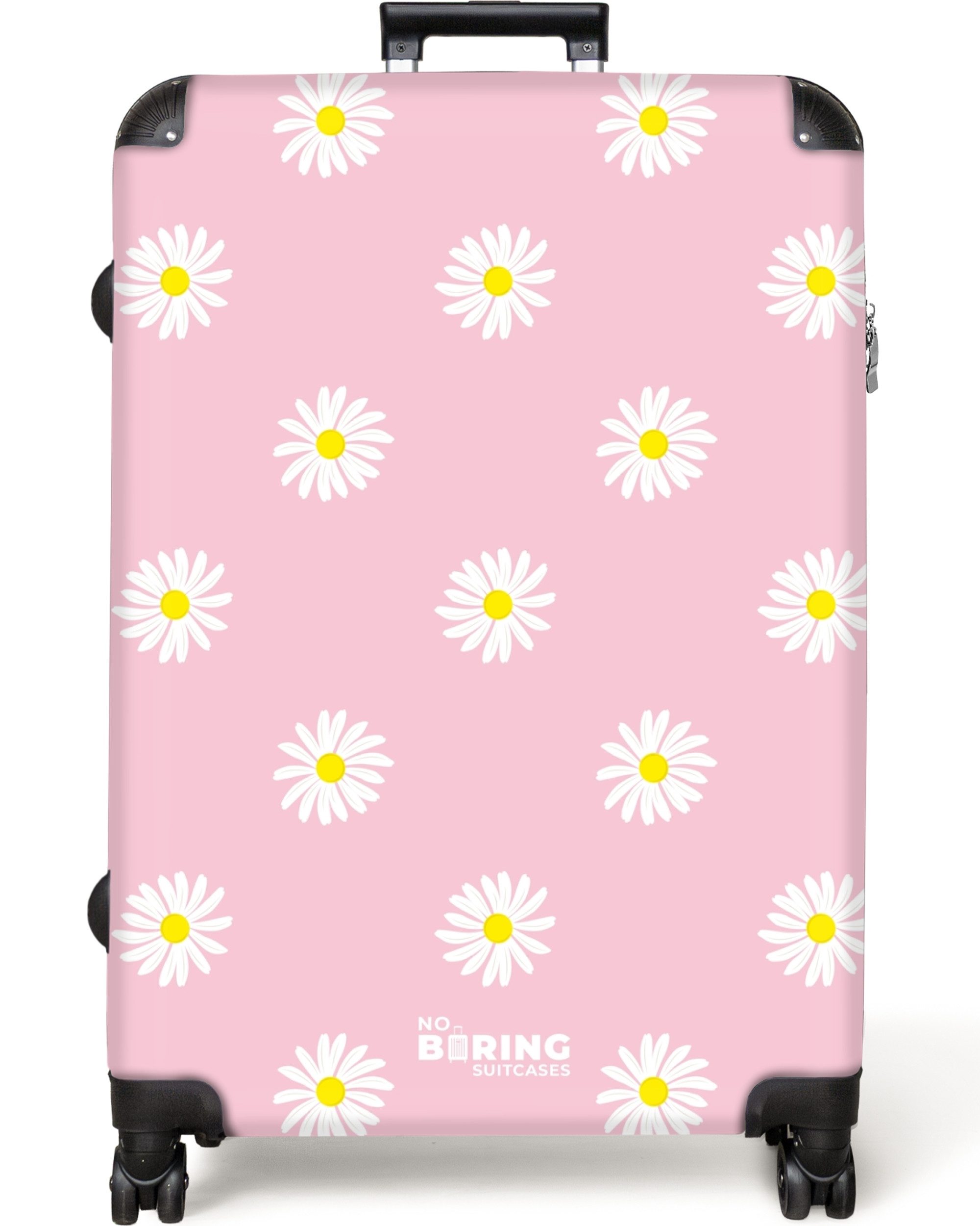 NoBoringSuitcases.com© Hartschalen-Trolley Pastellrosa mit Gänseblümchen 77 cm - 98 L, 8 Rollen, Hartschalenkoffer Groß für 30kg, Frauen Reisekoffer Trolley