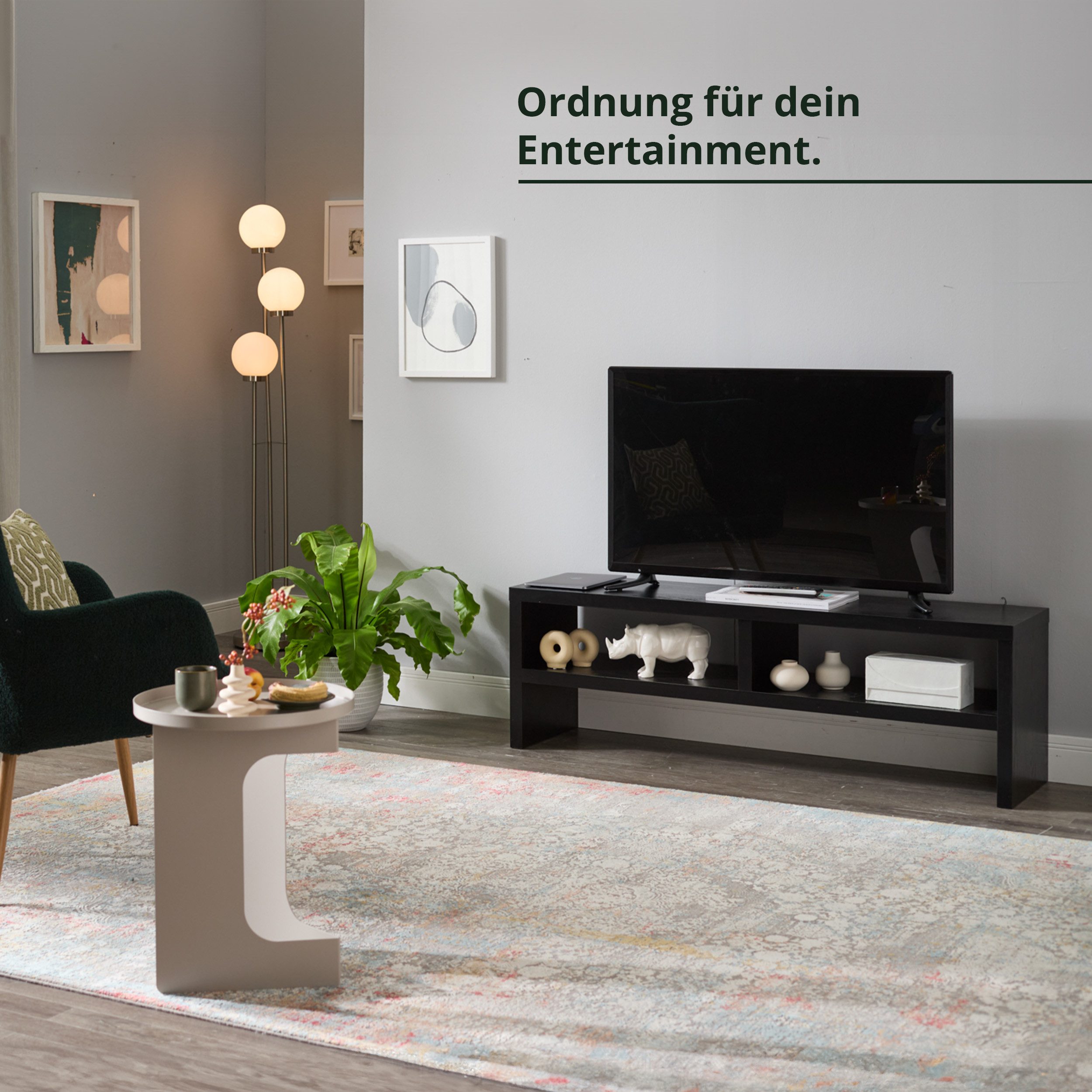KHG TV-Board TV-Schrank Schwarz mit 2 offenen Fächern 140x45x35 cm (Kompaktes Lowboard mit viel Stauraum, stabile Konstruktion, 1 St., Kabelmanagement durch offene Fächer, vielseitig einsetzbar), offene Fächer