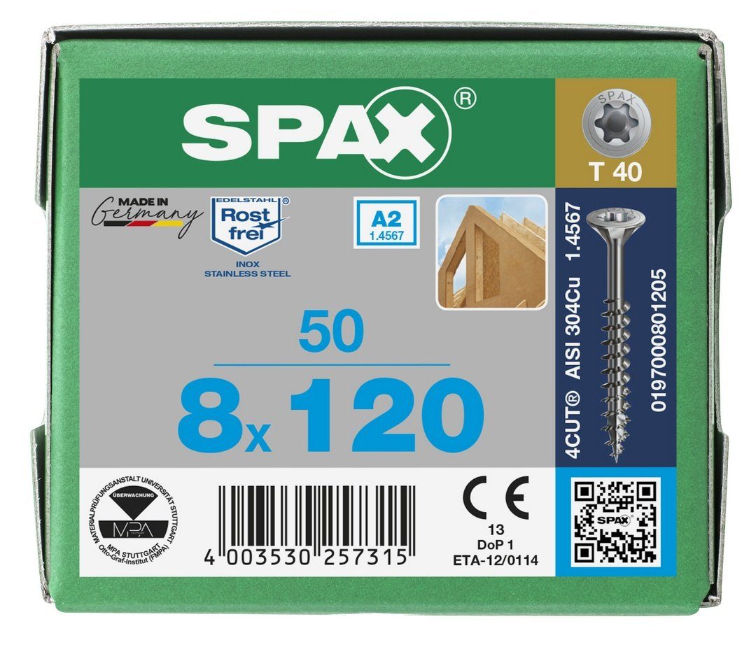 SPAX Spanplattenschraube A2, 50 St), (Edelstahl Edelstahlschraube, 8x120 mm