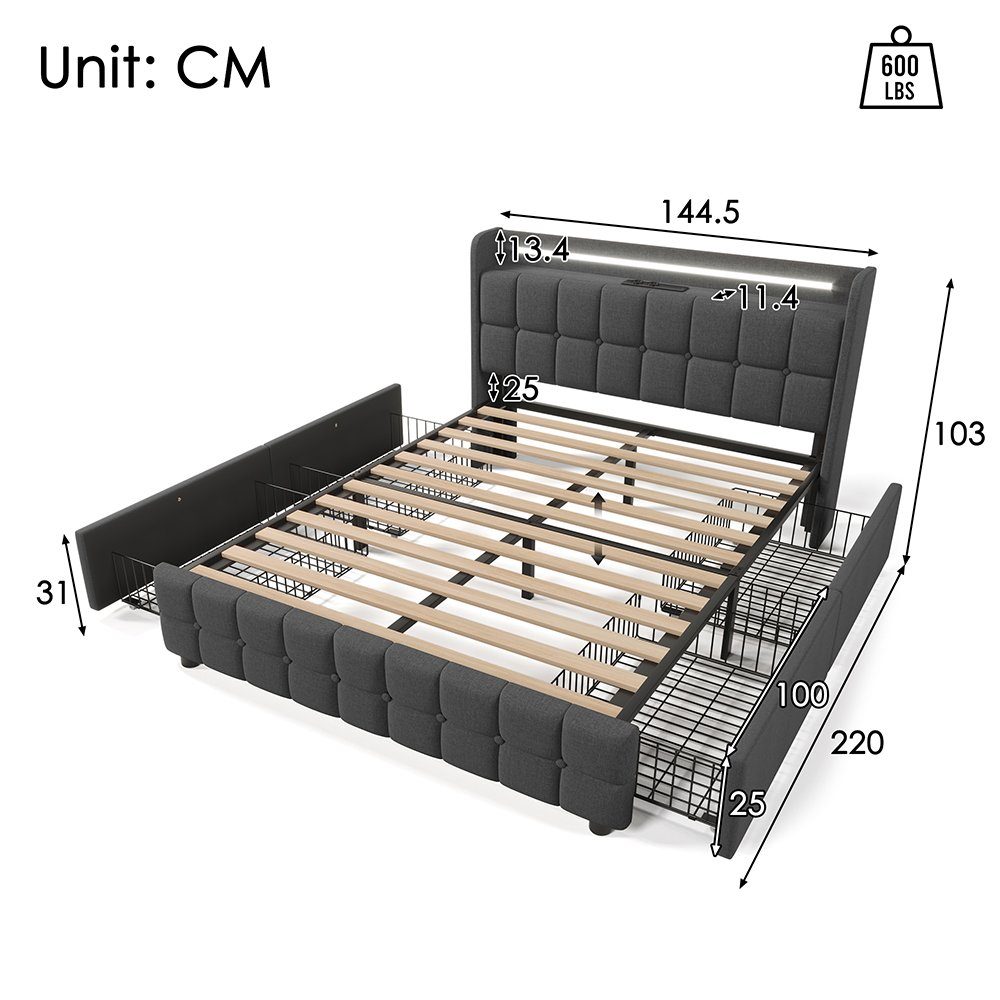 Polsterbett (Stauraumbett mit Lattenrost), Dopplebett 140x200cm mit LED-Beleuchtung, Ladefunktion & 4 Schubladen