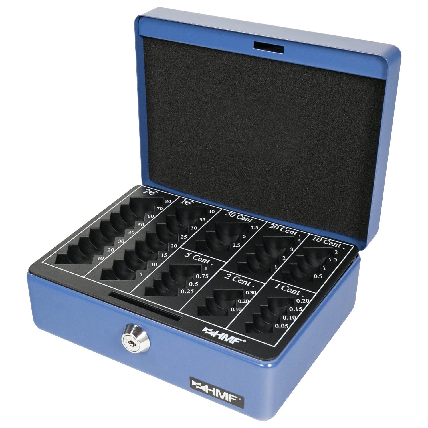 HMF Geldkassette Abschließbare Bargeldkasse mit Euro-Münzbrett, Geldbox mit Schlüssel, 20 x 16 x 9 cm, blau
