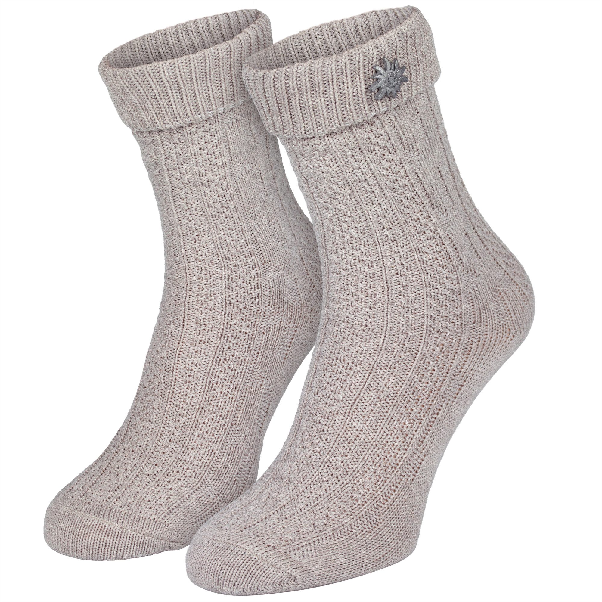 Black Snake Trachtensocken Kurze Schoppersocken mit Zopfmuster und Edelweiß für Damen und Herren (Packung, 1-Paar, Beige 39/42) Halbhohe Umschlagsocke aus Baumwollmix mit abnehmbarem Pin zur Wiesn