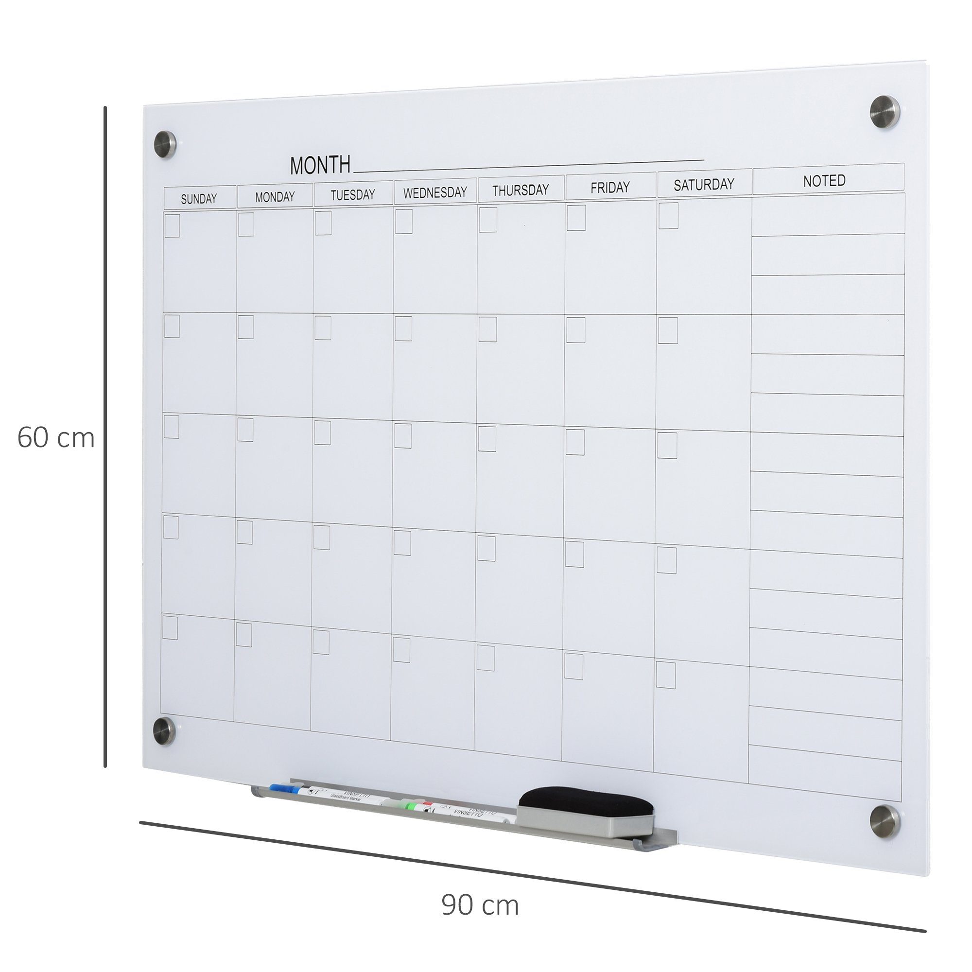 Weiß mit Kalendertafel, Kalendertafel), 1-tlg., 4 Zeitplan Glasclip Memoboard Vinsetto Planungstafel (Set, Glasplatte