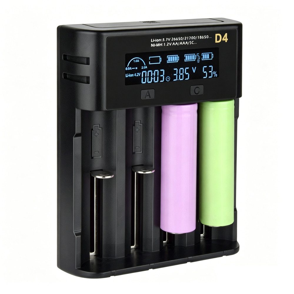 AFKSMILE 4 Ladeplätze Ladegerät für 18650-Akkus, Display Batterieladegerät Akku-Ladestation (2000mA, Ladegerät für 3,6/3,7V-Lithium-Ionen-Akkus und 1,2V-NiMH-Akkus)