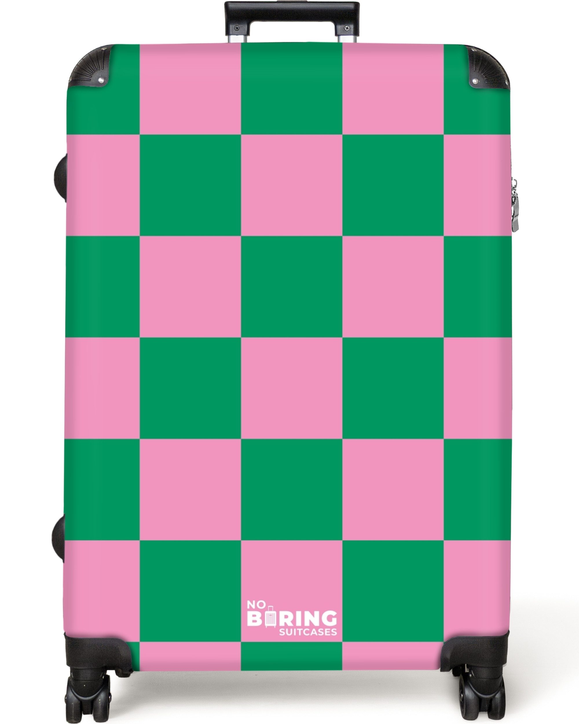 NoBoringSuitcases.com© Hartschalen-Trolley Rosa mit grünem Schachbrettmuste günstig online kaufen
