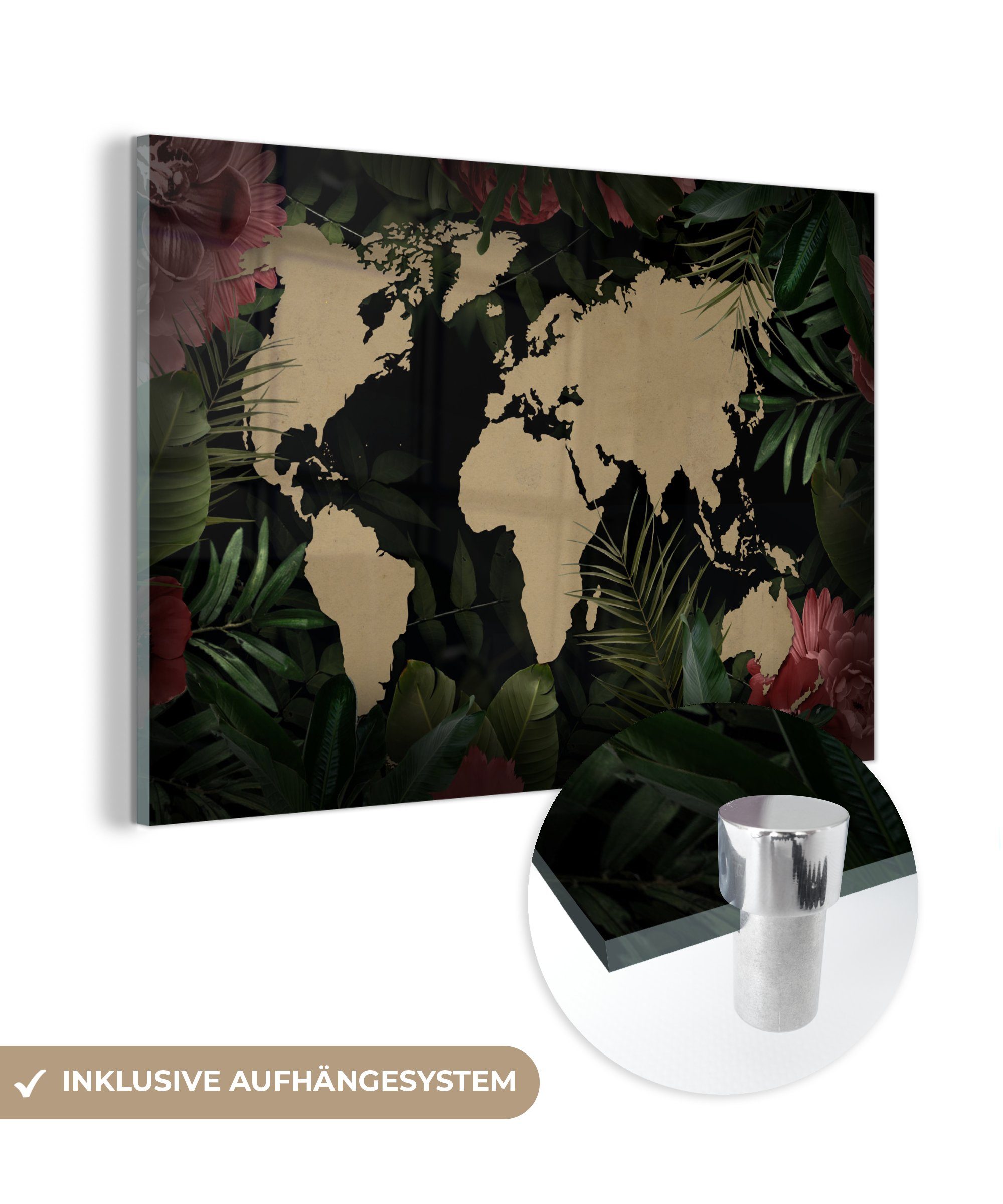 Wanddekoration - auf Acrylglasbild auf Glas - Weltkarte Bilder St), - Glas Glasbilder (1 Blumen MuchoWow Pflanzen, Wandbild Tropische Foto - -
