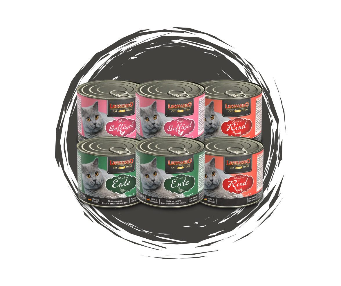Leonardo Catfood Nassfutter "Klassiker" Mix - Ente, Rind & Geflügel Pur 6x200g, Nassfutter für: Katzen