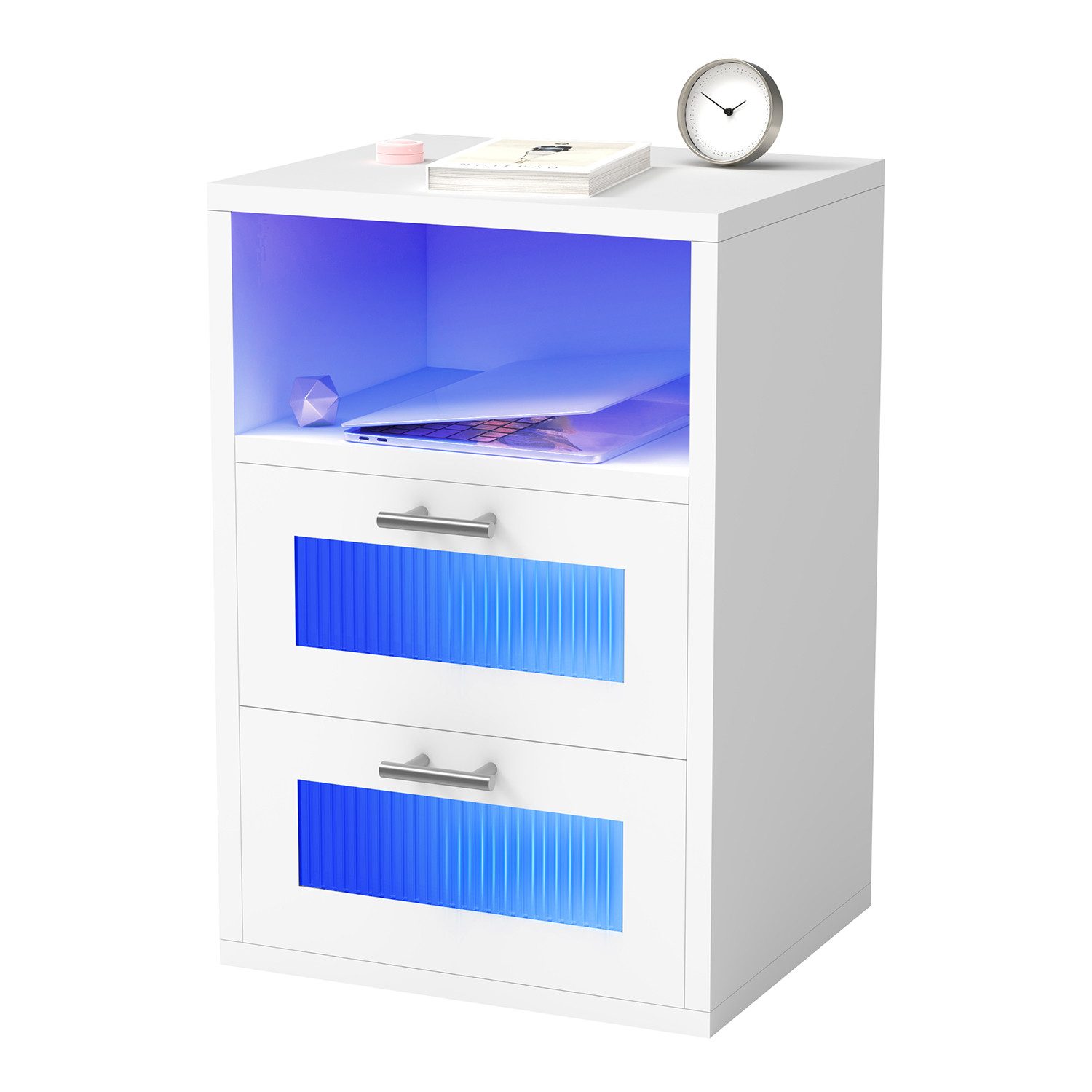 oyajia Nachttisch mit 2/3 Schubladen, Beistelltisch mit Ladestation und LED, Mit USB und Typ-C Anschlüsse, offenes Fach