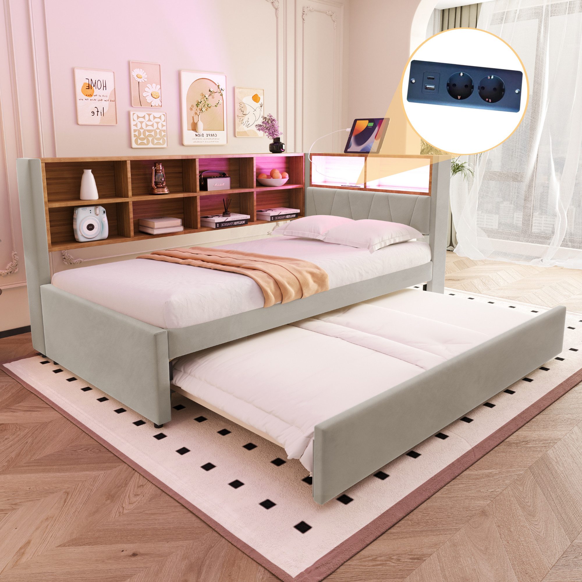 Odikalo Ausziehbett Schlafsofa Polsterbett Bettgestell Ablagefach 90x190/200cm Mehrfarbig