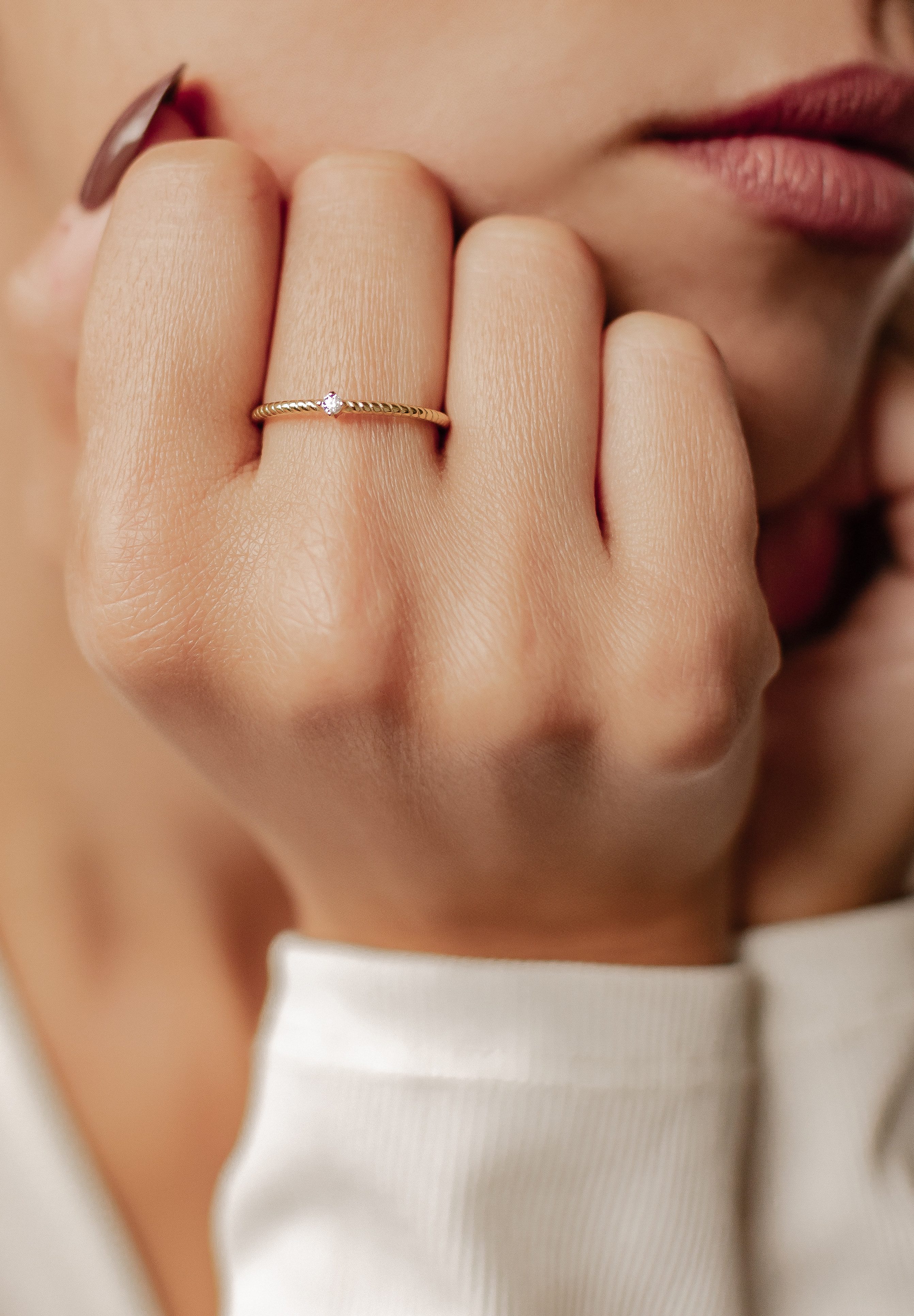 Hey Happiness Fingerring Zirkonia Solitär, Kordelring gedreht, 925 Silberring Damen, Verlobungsring Trauring